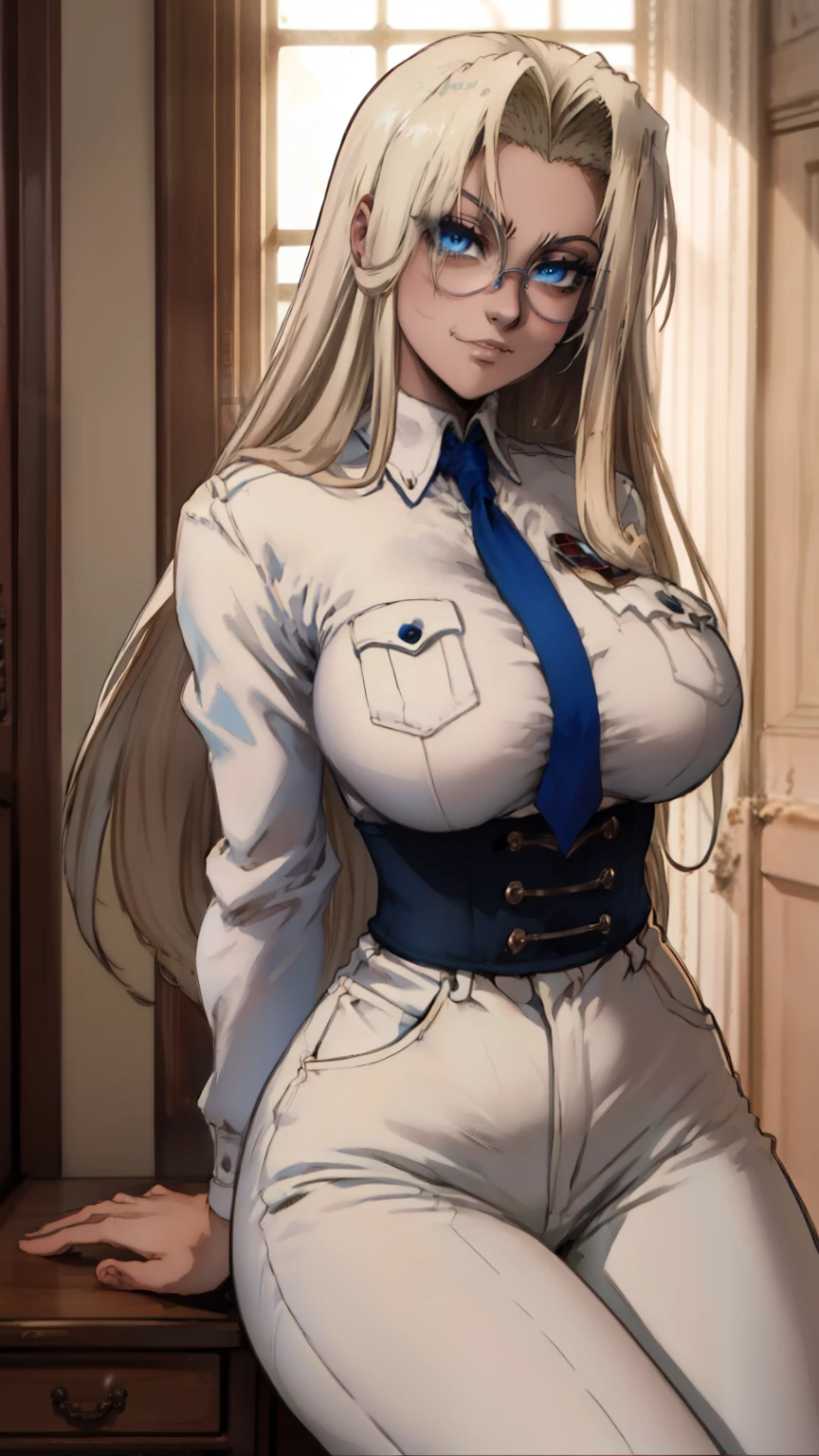 masterpiece, best quality, integr hellsing, integra, 1girl, solo, white pants, long sleeves , sitting, |{{{smug}}}, smug expression,  head tilt, looking to the side, gigantic breasts, breast focus,  boob window, bare breasts, arms at side, arms behind back, Detailed face, Detailed blue eyes, Detailed face, blue eyes, perfect eyes, perfect face, arms behind back, looking at viewer 