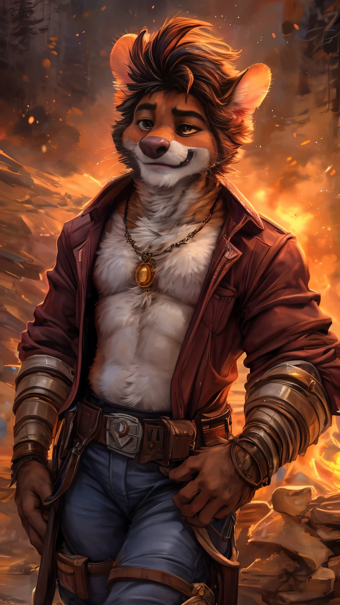(best quality,16k,32k,highres,masterpiece:1.2),ultra-detailed,(realistic,photorealistic,photo-realistic:1.37),(The ultimate Orochi Fox Mccloud) glowing green eyes realistic fire background of totally destroyed Japan alone looking at the camera serious expression brave and confident wearing a red hood cape running