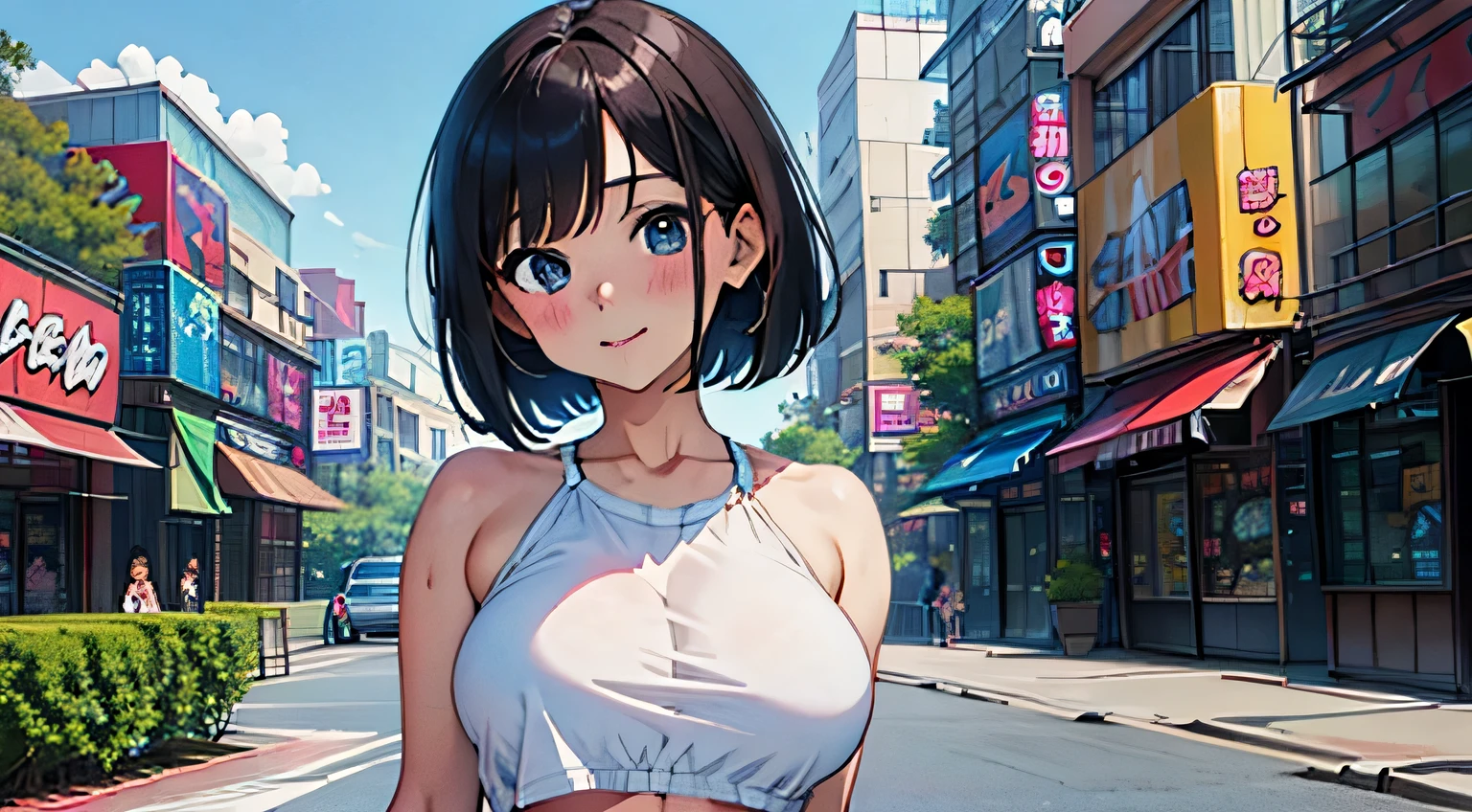 4K, A high resolution, Best quality at best, masterpiece, perfect colors, perfect shadow, perfect litthing, ((sportrait)), Anime girl sitting in car with hand on chin, Anime visuals of cute girls, Seductive Anime Girl, charming anime girls, anime styled, High quality anime art style, Beautiful anime girl, young anime girl, Anime Girl, Anime Girl with Long Hair, tight crop top, big breast, half breast open, background is New York city 80s,  an anime girl, Cute anime girl, face closeup