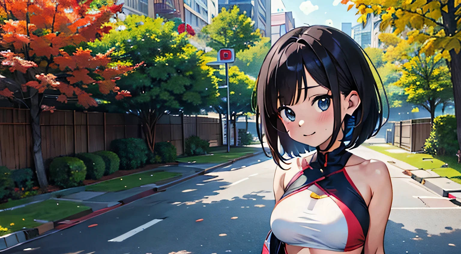 4K, A high resolution, Best quality at best, masterpiece, perfect colors, perfect shadow, perfect litthing, ((sportrait)), Anime girl sitting in car with hand on chin, Anime visuals of cute girls, Seductive Anime Girl, charming anime girls, anime styled, High quality anime art style, Beautiful anime girl, young anime girl, Anime Girl, Anime Girl with Long Hair, tight crop top, big breast, half breast open, background is New York city 80s,  an anime girl, Cute anime girl, face closeup