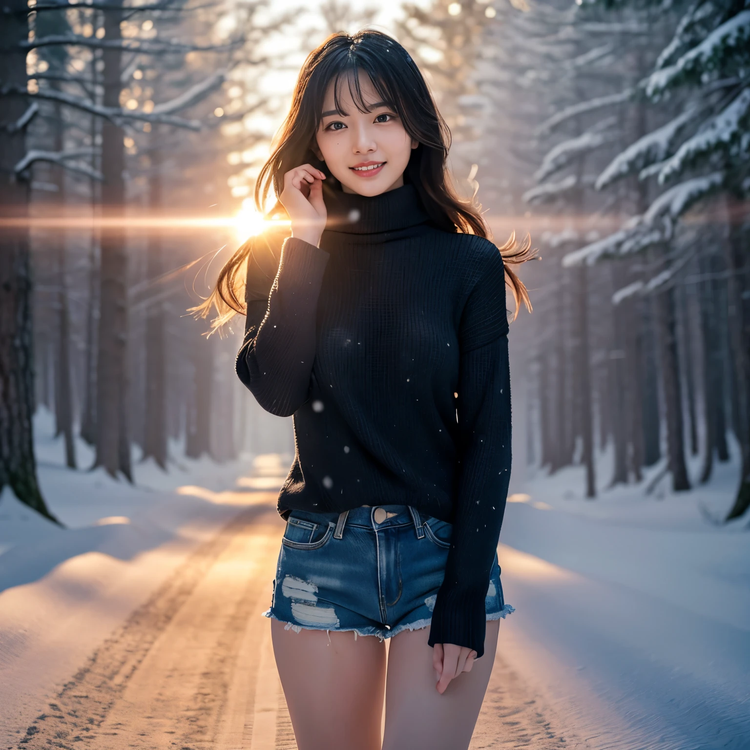 (table top、highest quality、8k、Award-winning work、ultra high resolution)、one beautiful woman、(Perfect black turtleneck long sleeve sweater:1.2)、(Ripped denim shorts:1.2)、Standing gracefully、elegant long hair、( In the forest deep in the mountains of Northern Europe:1.1)、snow forest、Snow scene in a mysterious forest、(blurred background:1.1)、(very bright and vivid:1.1)、(very bright and glowing skin:1.1)、winter、(It&#39;s snowing:1.1)、long legs、long legs、the biggest smile looking at me、shining snow、(bright beautiful sunset:1.1)、(the most romanticで幻想的な夕焼け:1.1)、the most fantastic and mysterious、beautiful sunlight filtering through the foliage、The sparkle of fine diamond dust、very big breasts、emphasize body line、perfect fit、glamorous body、(accurate anatomy:1.1)、ultra high definition hair、ultra high resolutionの完璧な美しい歯、Ultra high definition beauty face、ultra high definition hair、Super high-definition sparkling eyes、輝くultra high resolutionの美肌、ultra high resolutionの艶やかな唇、epic movie lighting、the most romantic、the moodiest、romantic love mood