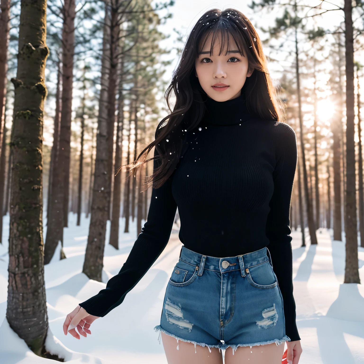 (table top、highest quality、8k、Award-winning work、ultra high resolution)、one beautiful woman、(Perfect black turtleneck long sleeve sweater:1.2)、(Ripped denim shorts:1.2)、Standing gracefully、elegant long hair、( In the forest deep in the mountains of Northern Europe:1.1)、snow forest、Snow scene in a mysterious forest、(blurred background:1.1)、(very bright and vivid:1.1)、(very bright and glowing skin:1.1)、winter、(It's snowing:1.1)、long legs、long legs、the biggest smile looking at me、shining snow、(bright beautiful sunset:1.1)、(the most romanticで幻想的な夕焼け:1.1)、the most fantastic and mysterious、beautiful sunlight filtering through the foliage、The sparkle of fine diamond dust、very big breasts、emphasize body line、perfect fit、glamorous body、(accurate anatomy:1.1)、ultra high definition hair、ultra high resolutionの完璧な美しい歯、Ultra high definition beauty face、ultra high definition hair、Super high-definition sparkling eyes、輝くultra high resolutionの美肌、ultra high resolutionの艶やかな唇、epic movie lighting、the most romantic、the moodiest、romantic love mood