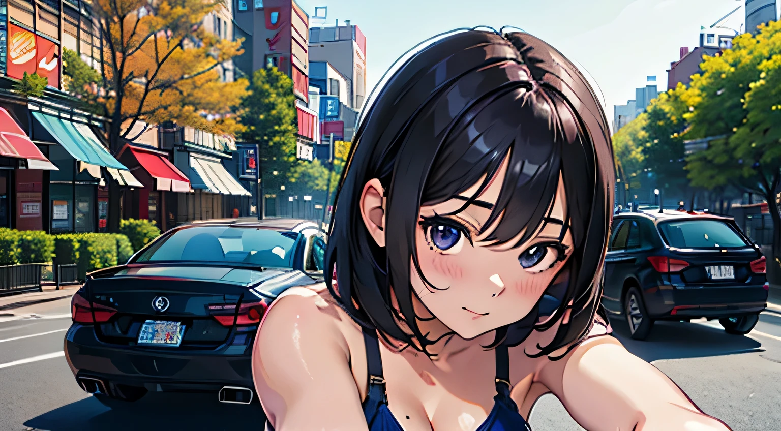 4K, A high resolution, Best quality at best, masterpiece, perfect colors, perfect shadow, perfect litthing, ((sportrait)), Anime girl sitting in car with hand on chin, Anime visuals of cute girls, Seductive Anime Girl, charming anime girls, anime styled, High quality anime art style, Beautiful anime girl, young anime girl, Anime Girl, Anime Girl with Long Hair, 80s tight crop top, big breast, half breast open, background is New York city 80s,  an anime girl, Cute anime girl, face closeup