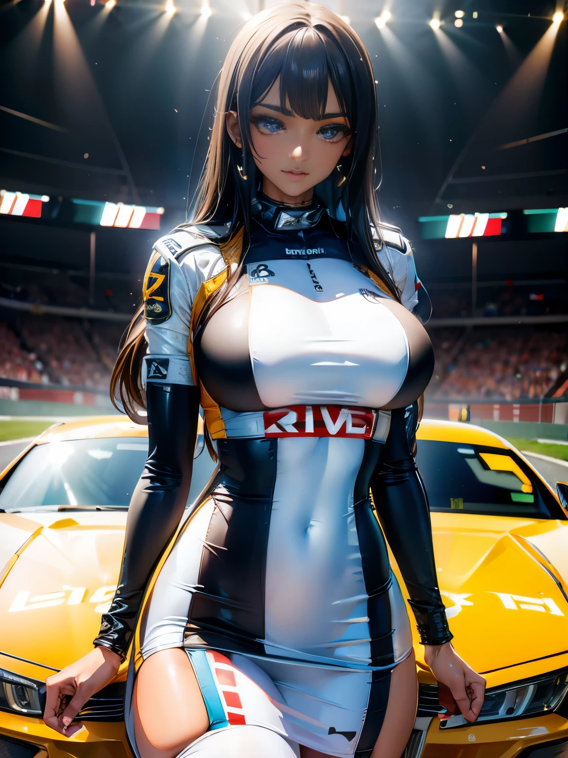 Unreal Engine 5 Realistic Rendering, cosplayer, Random Posing, Race Queen、Uniform with logo、 Exquisite beauty、Beautiful face, Body shape of slim model, Colossal tits, shiny, wet shiny body, dark brown skin, neons、Large crowds、audience、Forming an emperor、Drag racing、Midsommar Racing Circuit、racing car、Lower grade、crowd、spectators、