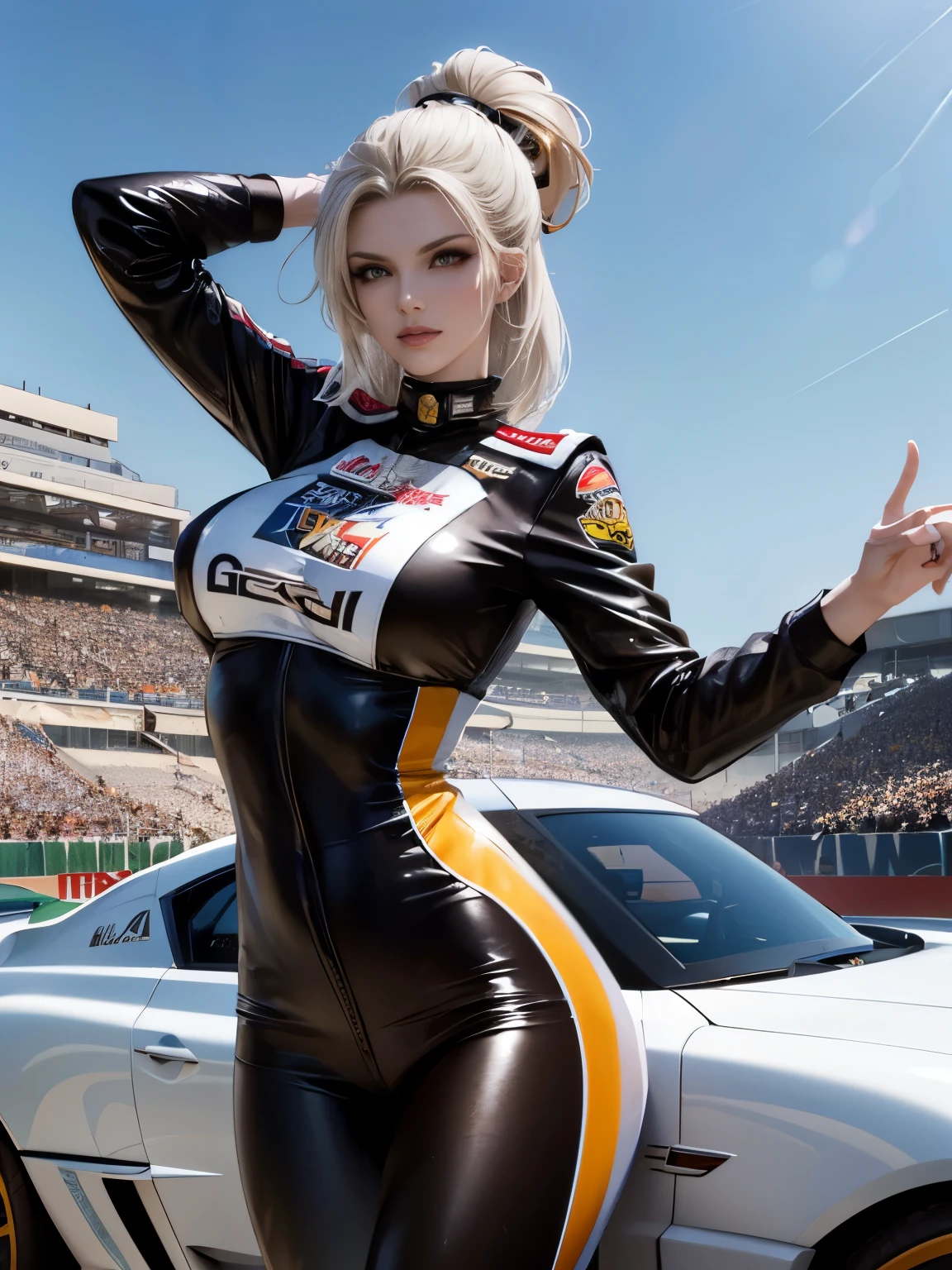 Unreal Engine 5 Realistic Rendering, cosplayer, Random Posing, Race Queen、Uniform with logo、 Exquisite beauty、Beautiful face, Body shape of slim model, Colossal tits, shiny, wet shiny body, short white hair, (((Dark brown skin beauty))), neons、Large crowds、audience、Forming an emperor、Drag racing、Midsommar Racing Circuit、racing car、Lower grade、Large crowds、Spectators、