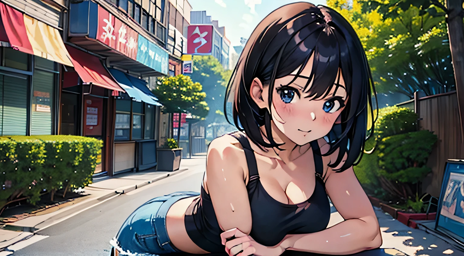 4K, A high resolution, Best quality at best, masterpiece, perfect colors, perfect shadow, perfect litthing, ((sportrait)), Anime girl sitting in car with hand on chin, Anime visuals of cute girls, Seductive Anime Girl, charming anime girls, anime styled, High quality anime art style, Beautiful anime girl, young anime girl, Anime Girl, Anime Girl with Long Hair, 80s tight crop top, big breast, half breast open, background is New York city 80s,  an anime girl, Cute anime girl, face closeup