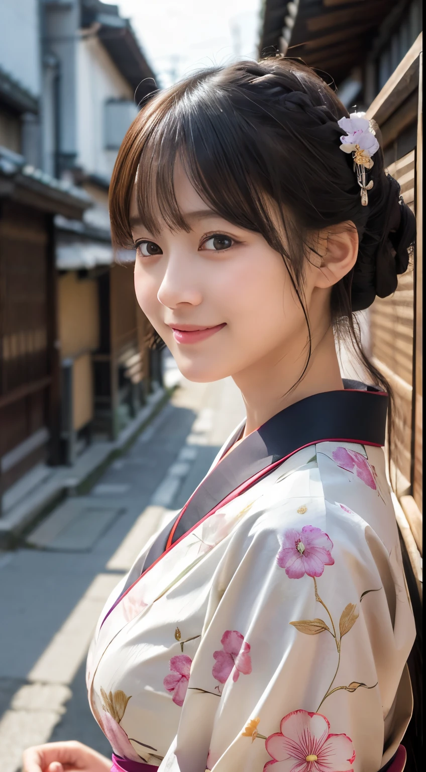 professional lighting,(Photoreal:1.4), (Top image quality:1.0), (超A high resolution:1.0), 8k, Raw photography, (masterpiece:0.2), (Pueros face_v1:0.5)、(最高quality Detail:1.2)、realistic、8k UHD、High resolution、(1 girl:1.2)、超detailedな、High quality textures、intricate details、detailed、Very detailed CG、High quality shadows、detailed 美しく繊細な顔、Beautiful details and delicate eyes、(symmetrical eyes:1.2),Depth of the bounds written、ray tracing,1 girl, japanese girl, (natural smile:1.4),cute, thin, Portrait of a beautiful Japanese woman wearing a kimono, Standing elegantly on a street corner in Kyoto. A kimono with bright traditional patterns, Hair decorated with an elegant and delicate hairpin, and a gentle expression. (Against the backdrop of the old streets of Kyoto:1.4)、soft light on a spring afternoon、adds tranquility to the scene. Rendered in a realistic style with great attention to detail, High resolutionの画像.sky porn, magic hour, (realistic:1.3), finely, quality, (table top:1.2), (realistic:1.2), (最高quality), (複雑なdetailed), dramatic, ray tracing, photograph, +roller