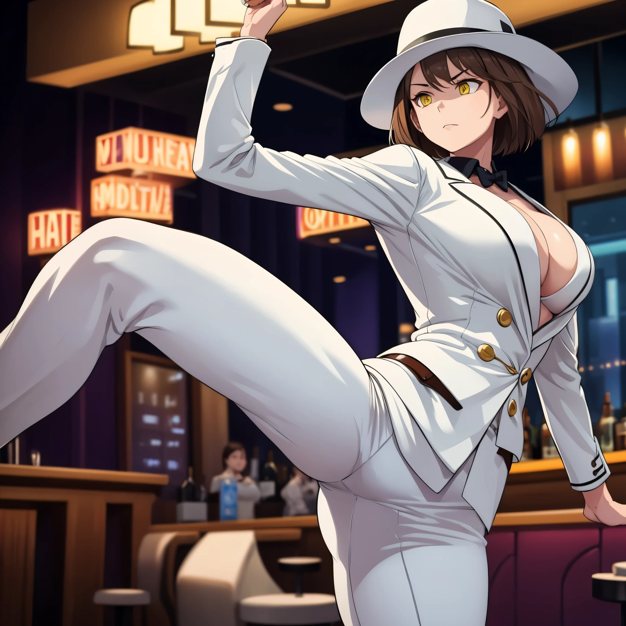 A woman with short brown hair, yellow eyes, wearing a white smooth criminal style suit, white hat, dancing in a bar at night.
