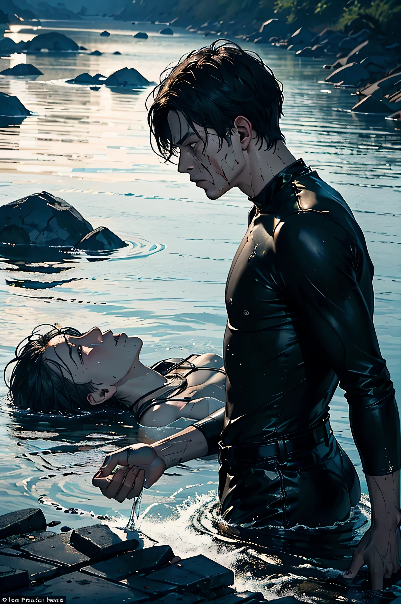 ((Masterpiece, A gloomy scene, Cruel people, River)), (high quality, Dark and dramatic, specular), shimmering water surface, (horrible, Bodies of victims, floating), Bloody and bruised skin, realistic textures, depth of field, Dramatic shadows, (Feeling of injustice, strained, Atmosphere of threat), (On the river bank, inexorable figures, watching, how lifeless bodies sway in the stream), (detailed, harrowing, intensive), (A tale of revenge, lachrymatory, deep emotional impact), (Two men stand on the shore, their faces were distorted with anger and