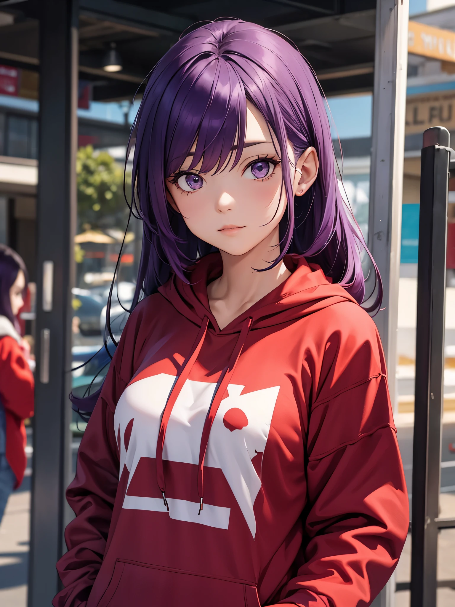 A mature girl, purple hair, wearing red hoodie