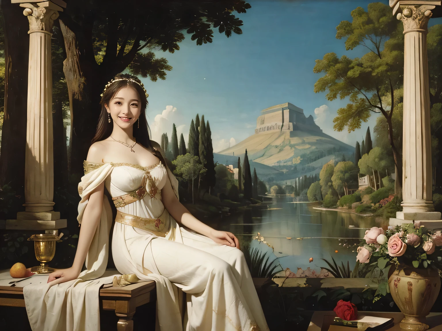 Giorgione painting style,Arguments of two female P、roses in vase、fruits、Cute trinkets、smile、ancient greek costume、Background is a forest lake at night ,A big smile、beautiful bare skin,Woman singing with sheet music
