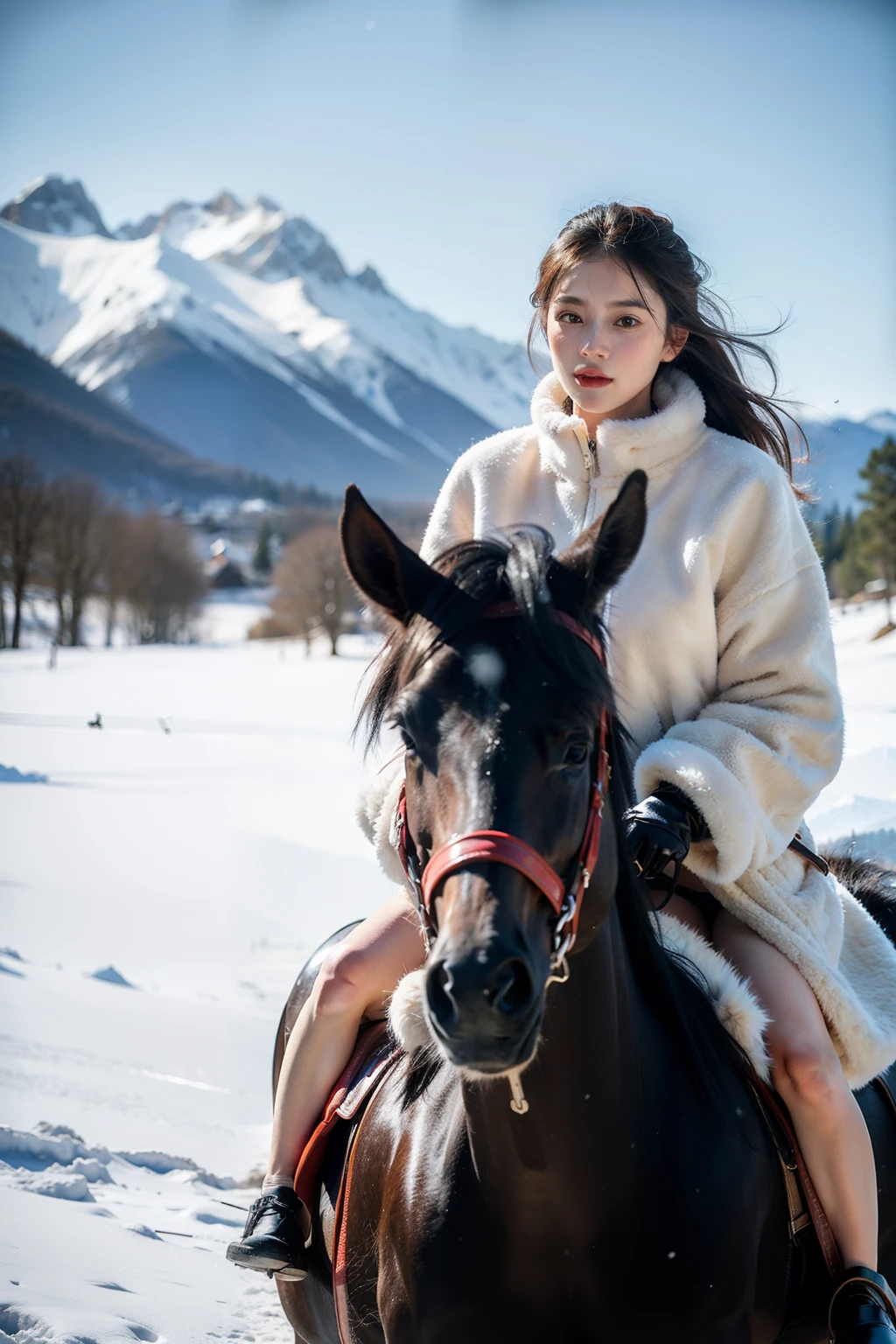 ((best quality)), ((masterpiece)), (detailed), perfect face,A beautiful woman wearing fur clothing,riding a black horse,Standing on the hill,Mighty image,Snowy mountains in the background,low angle photography,High quality work