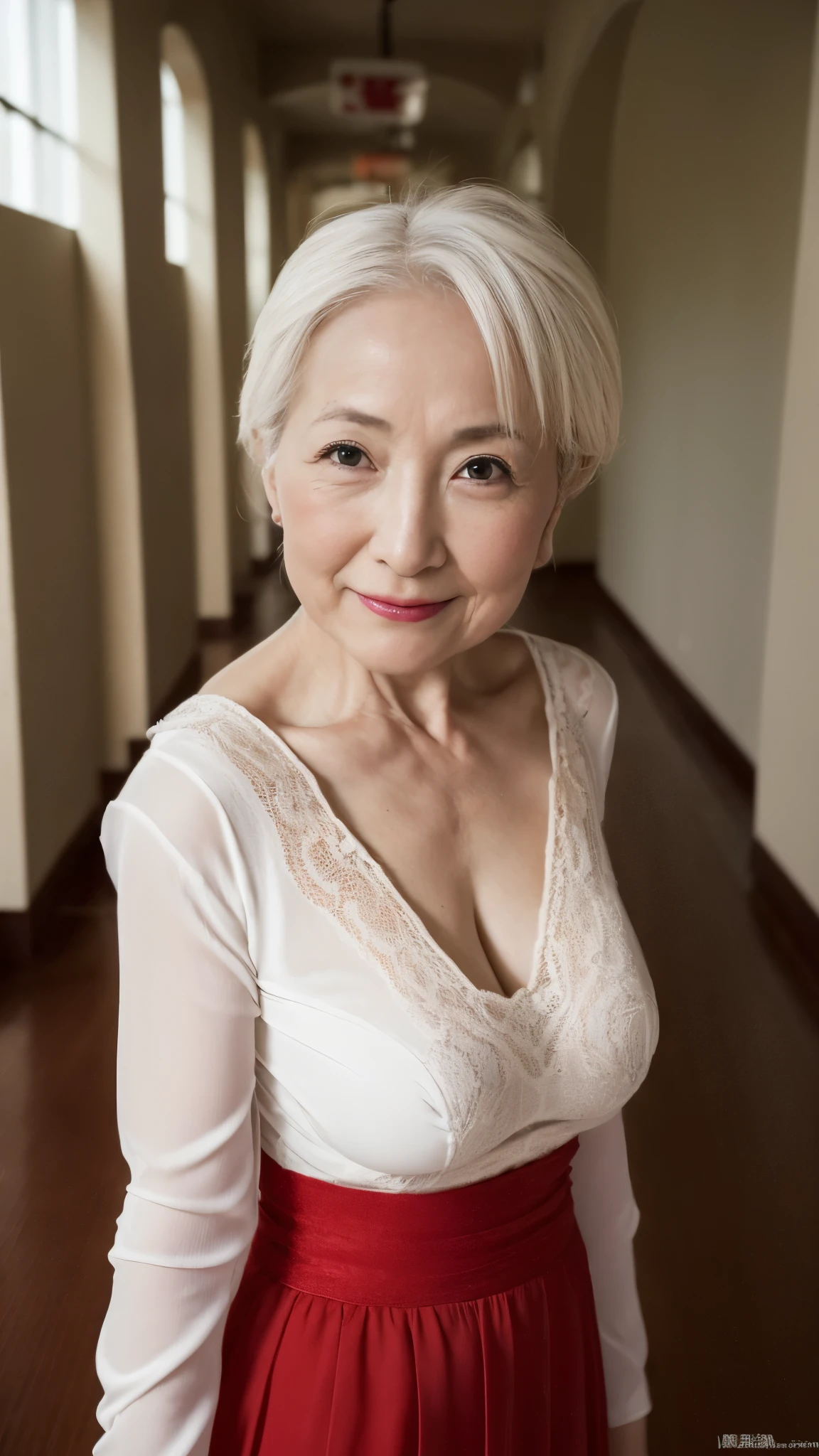 ((accurately describe the hand)):1.5, ((I'm in a hallway with a series of arches.)), ((Super beautiful)), ((mature woman)):1.3, ((Focused)), (in the spotlight), (((後期senior citizen))):1.3, adult videos, obscene, Vulgarity, describe the lips correctly, red lipstick, from the chest up, show underwear, senior citizen,mature woman, flashy face, highest quality, super high quality, realistic, super dense skin, perfect body, (1 Japanese mature woman), (erotic), 120 years old, big breasts, Bewitching, Glamour, sexy, pure white skin, looking at the viewer,