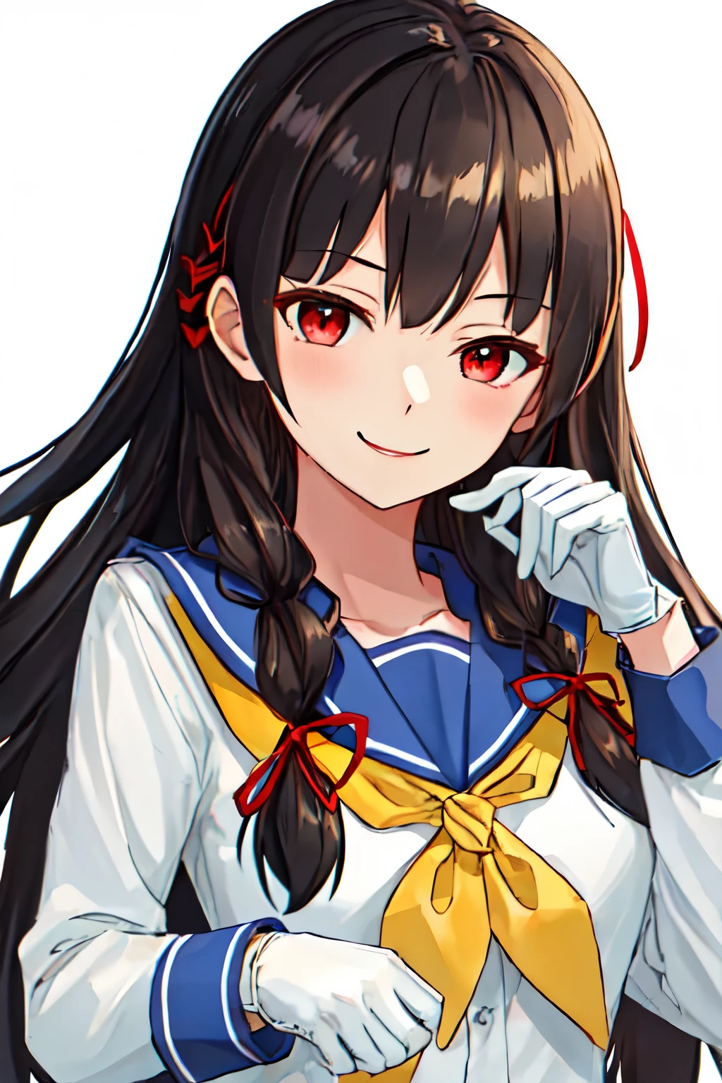 highest quality, masterpiece, High resolution, 一人in, {it spread_Fleet Collection:1.15}, black_hair, length_hair, red_eye, ribbon, hair_ribbon, serafuku, house_ribbon, smile, red面, 1 girl, gloves, School_uniform, white_gloves, simple_background, white_background, length_sleeve, looking for_in_viewer, neckerchief, crew_collar, yellow_neckerchief