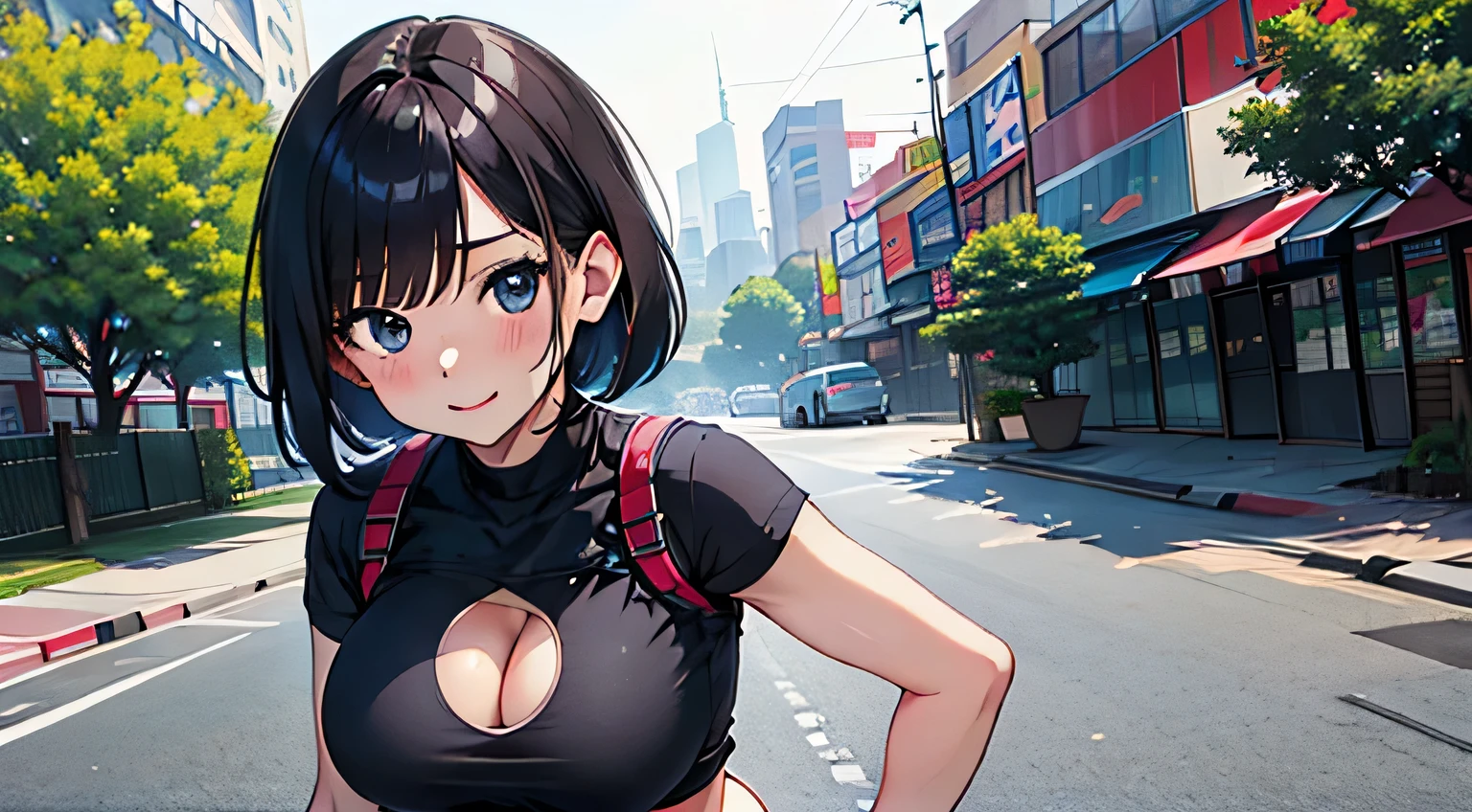 4K, A high resolution, Best quality at best, masterpiece, perfect colors, perfect shadow, perfect litthing, ((sportrait)), Anime girl sitting in car with hand on chin, Anime visuals of cute girls, Seductive Anime Girl, charming anime girls, anime styled, High quality anime art style, Beautiful anime girl, young anime girl, Anime Girl, Anime Girl with Long Hair, tight crop top, big breast, half breast open, background is New York city 80s, (roof top), (skyline view),  an anime girl, Cute anime girl, face closeup