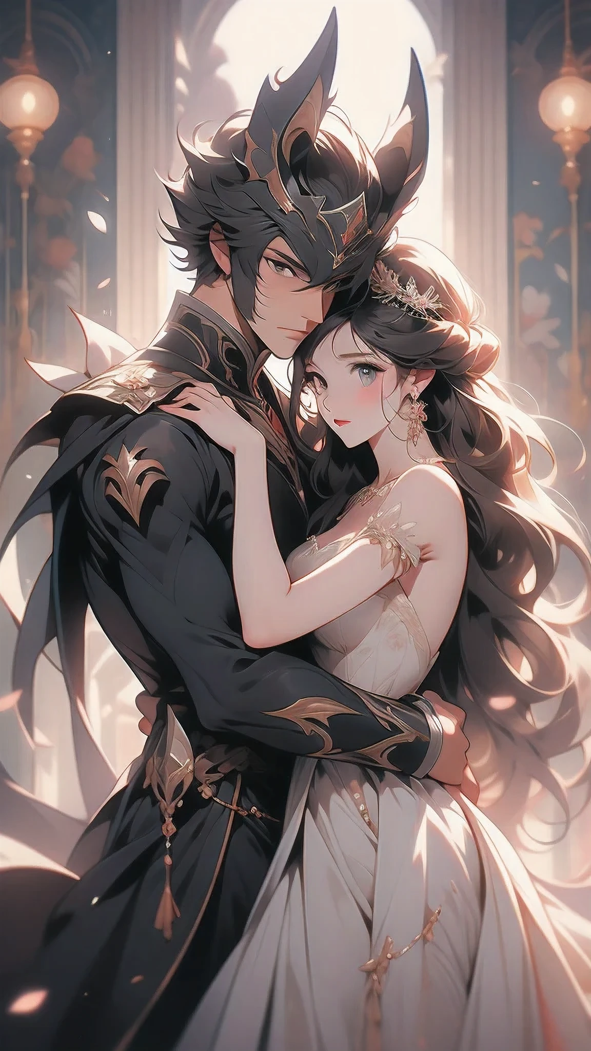 A tall armored dark knight embracing a beautiful princess, ultra detailed, out-zoom, full frame, high resolution, 8K