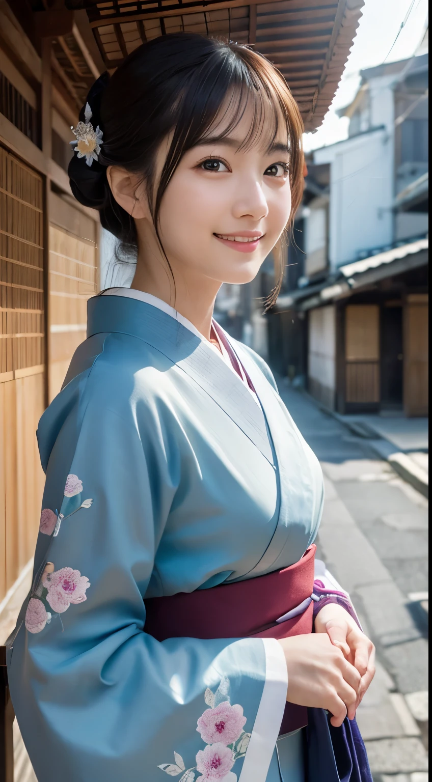 professional lighting,(Photoreal:1.4), (Top image quality:1.0), (超A high resolution:1.0), 8k, Raw photography, (masterpiece:0.2), (Pueros face_v1:0.5)、(最高quality Detail:1.2)、realistic、8k UHD、High resolution、(1 girl:1.2)、超detailedな、High quality textures、intricate details、detailed、Very detailed CG、High quality shadows、detailed 美しく繊細な顔、Beautiful details and delicate eyes、(symmetrical eyes:1.2),Depth of the bounds written、ray tracing,1 girl, japanese girl, (natural smile:1.4),cute, thin, Portrait of a beautiful Japanese woman wearing a kimono, Standing elegantly on a street corner in Kyoto. A kimono with bright traditional patterns, Hair decorated with an elegant and delicate hairpin, and a gentle expression. (Against the backdrop of the old streets of Kyoto:1.4)、soft light on a spring afternoon、adds tranquility to the scene. Rendered in a realistic style with great attention to detail, High resolutionの画像.sky porn, magic hour, (realistic:1.3), finely, quality, (table top:1.2), (realistic:1.2), (最高quality), (複雑なdetailed), dramatic, ray tracing, photograph, +roller