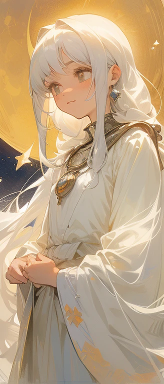 A girl named Ruriara. She had hair as white as the moon and curious eyes that shined like distant stars.. But what caught everyone's attention was the jewelry he wore around his neck..: Little silver moon. This mysterious moon is made of bright and delicate material., It seemed to radiate a soft silver glow.. Moon and moon shaman