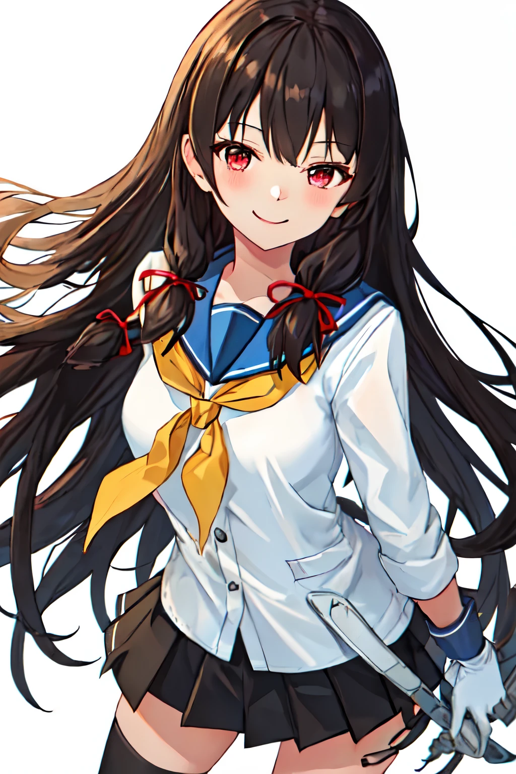 highest quality, masterpiece, High resolution, 一人in, {it spread_Fleet Collection:1.15}, black_hair, length_hair, red_eye, ribbon, hair_ribbon, serafuku, house_ribbon, smile, red面, 1 girl, gloves, School_uniform, white_gloves, simple_background, white_background, length_sleeve, looking for_in_viewer, neckerchief, crew_collar, yellow_neckerchief