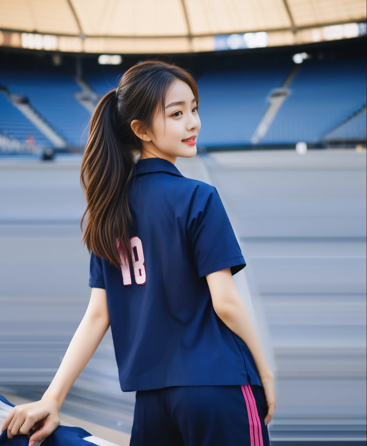 (best quality,10,10,height,Masterpiece:1.2),Special details,(realistic,ภาพrealistic,Realistic photos:1.37),1 cute girl on the football field,shiny, ผิวshiny,only,smile softly,BDclothelue shirt:1.3)),short sleeve,shirt, กางเกงขาlong.,(navy_long_track pants:1.1), ((stadium background:1.3)),Dynamic angle,excited,Face focus,dynamic poses,from behind,focus on ass,Masterpiece, best quality, ultra realistic, hyper-detail, 8K resolution, raw photos, Sharp focus, ((Navy blue shirt:1.1)), short sleeve, เส้นทางlong, perfect body, 2 mature women, 18 years old, Cinema-grade lighting system,blue sweatpants,shirtผ้าออกกำลังกาย,correct anatomy,perfect body, correct body, Sharp face, correct bodyทางกายวิภาค, full body, realistic gestures, long-haired, realistic poses,Wear long shorts................................,ช่วงขาlong,Good shape,carved girl, Slender figure, model, Good shape, beautiful body,blue sweatpants, two girls kissing