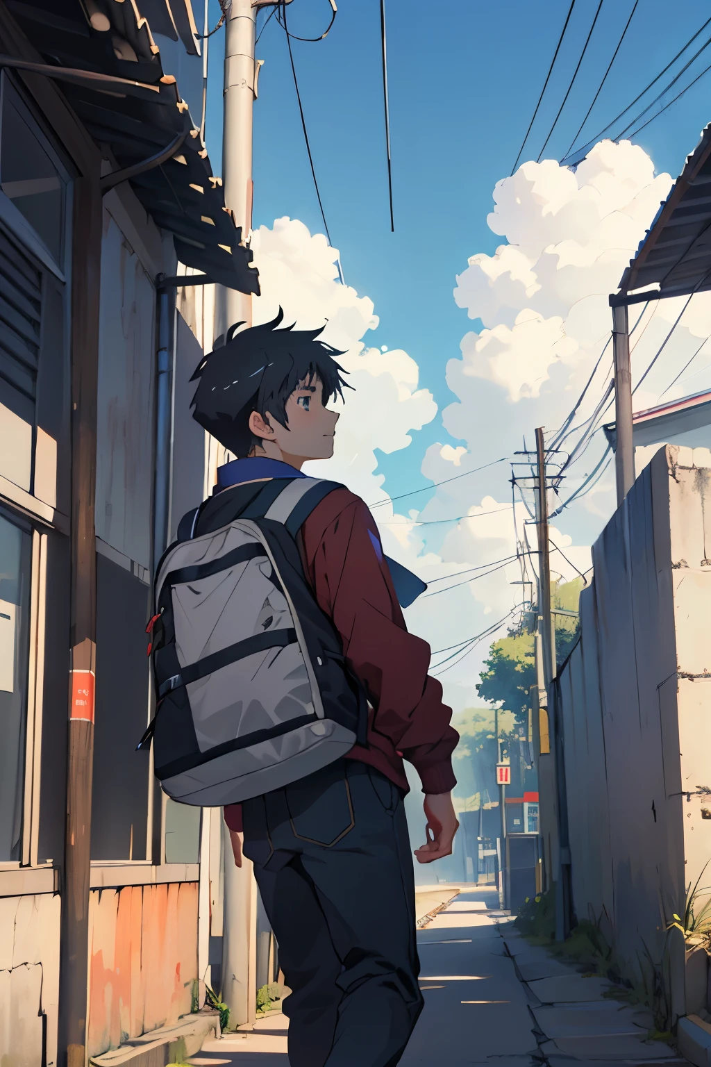 Anime ghilbi studio -a young boy in the highschool era, beautiful sky, cloudy, school, trafic