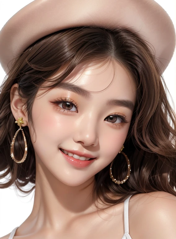 1 girl, 18 years old, south korean, Idol, perfect face, perfect face, curly blonde hair, blush, dark brown eyes, tiny tophat, ring shaped earings, gold jewelry, red lips, happy, smile, perfect teeth, looking at spectator, white background, portait, close up, bright colors.