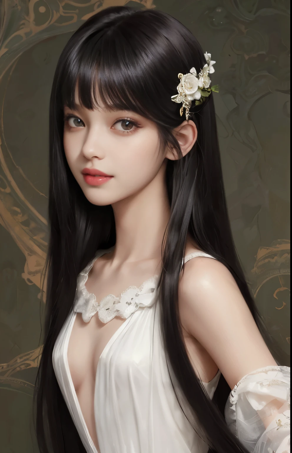 (surreal), (shape), (Improved resolution), (8k), (very detailed), (Best shape), (beautiful and detailed eyes), (highest quality), (Super detailed), (masterpiece ), ( wallpaper), (detailed face), 1 girl, 17 years old, white dress, Large and loose chest, looking at the viewer, small details, detailed face, in the dark, deep shadow, private key, Pure erotic face ace_v1, smile, long hair, black straight hair , 46 point diagonal bangs