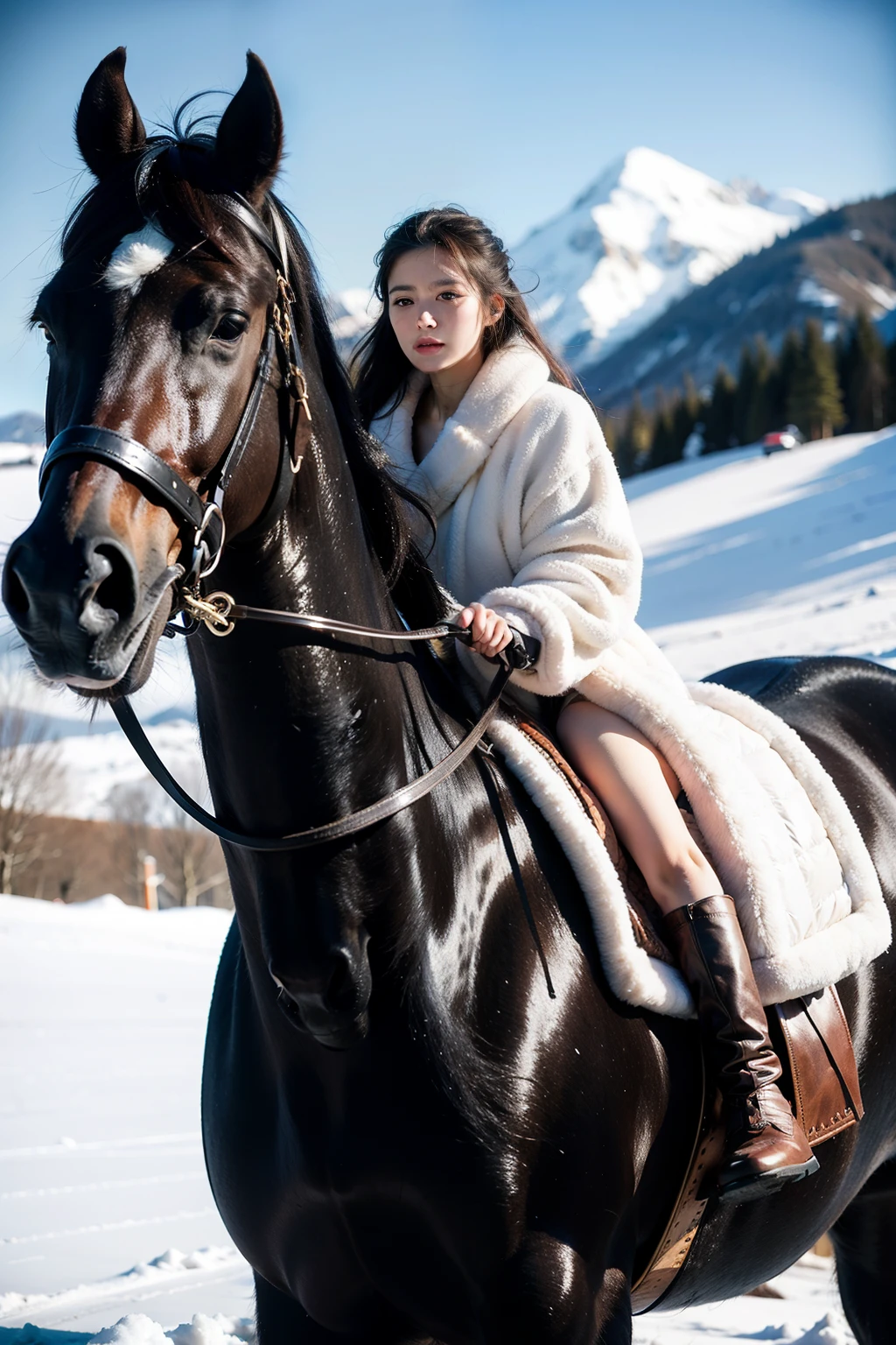 ((best quality)), ((masterpiece)), (detailed), perfect face，A beautiful woman wearing fur clothing，riding a black horse，Stand on the hill immediately，Mighty image，Snowy mountains in the background，low angle photography，whole body composition，High quality work