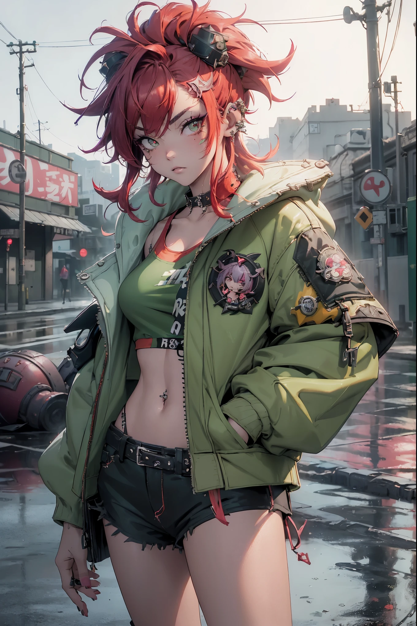 (highest quality、8k、32K、masterpiece、nffsw:1.3)、(Photoreal:1.4),(shoot from front,looking at viewer:1.5)、((18-year-old punk girl,eccentric punk hair:1.3)),((green jacket,red tank top,punk fashion:1.5)),clothes with studs、((Black backpack on the back1.0))、((of red hair:1.5)),Wacky makeup、、dark background、Desolate city in the rain、puddle on the road、(cinematic lighting)、Depth of the bounds written,blurred background、