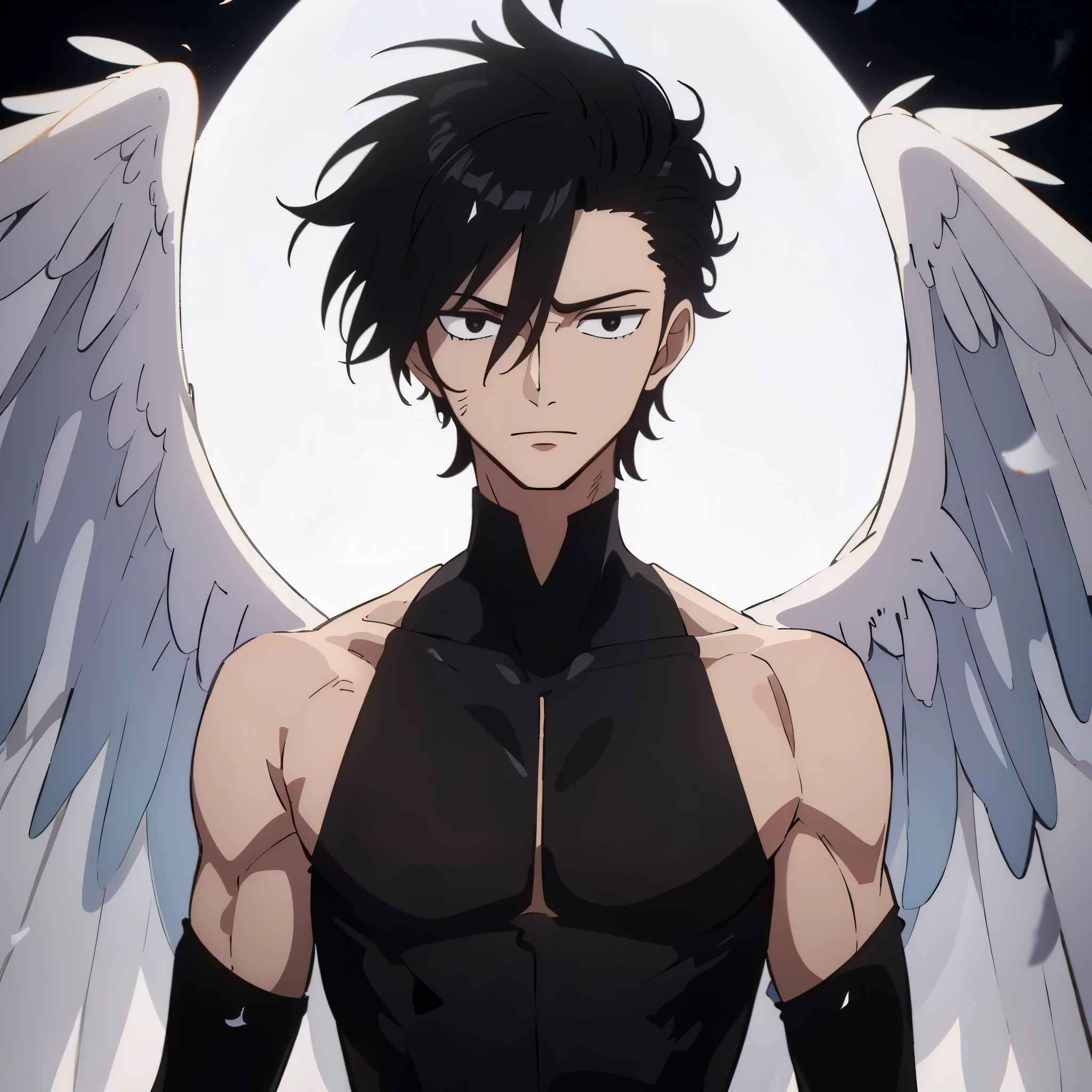 A young, tall man with white wings, fair skin, black eyes, with light, messy dark hair, short on the sides and back and long on the top of his head, forming a sort of messy tuft, wearing black Gojō kāṣāya that covers his entire body, black bottom