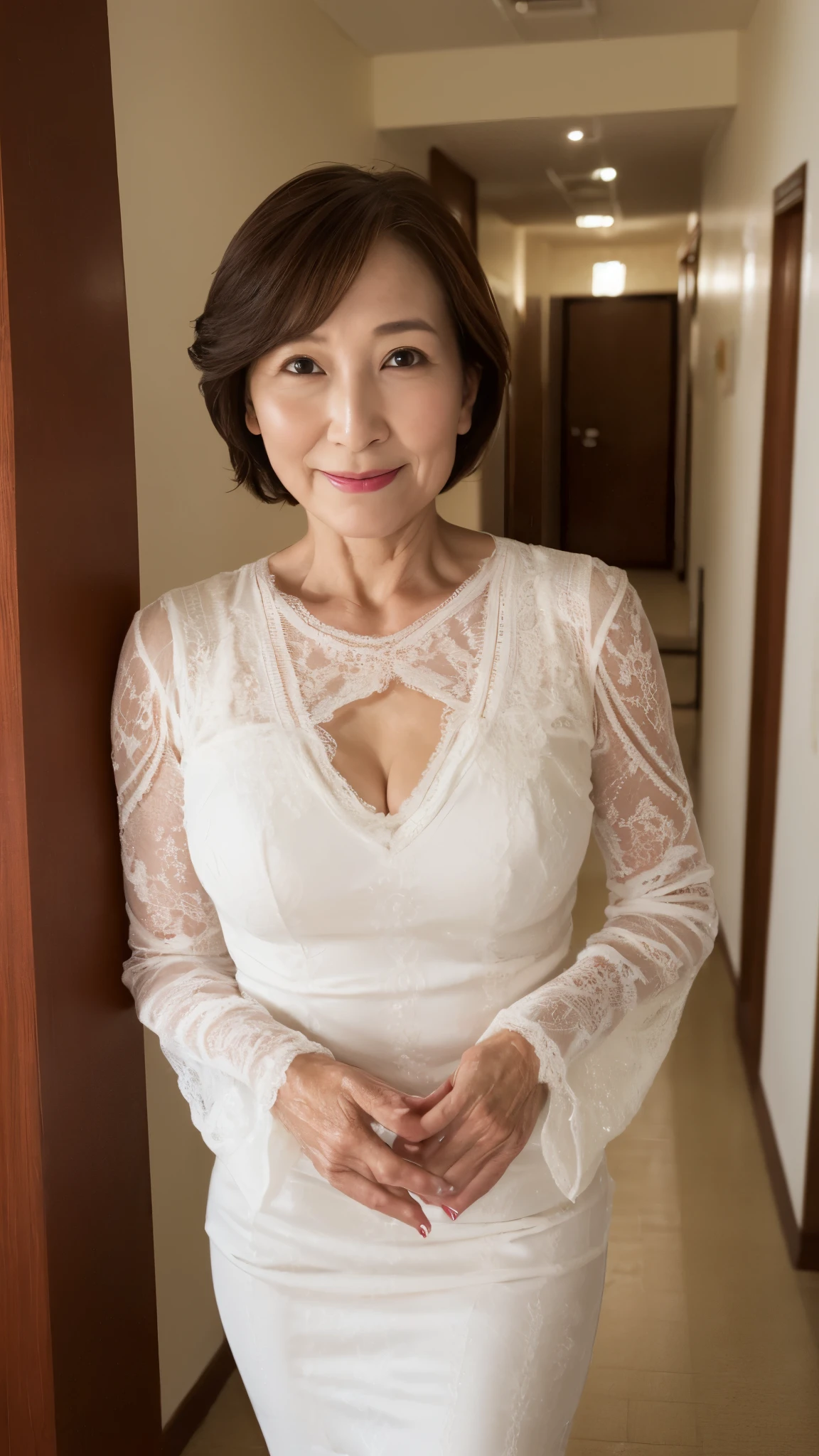 ((accurately describe the hand)):1.5, ((I'm in a hallway with a series of arches.)), ((Super beautiful)), ((mature woman)):1.3, ((Focused)), (in the spotlight), (((後期senior citizen))):1.3, adult videos, obscene, Vulgarity, describe the lips correctly, red lipstick, from the chest up, show underwear, senior citizen,mature woman, flashy face, highest quality, super high quality, realistic, super dense skin, perfect body, (1 Japanese mature woman), (erotic), 120 years old, big breasts, Bewitching, Glamour, sexy, pure white skin, looking at the viewer,
