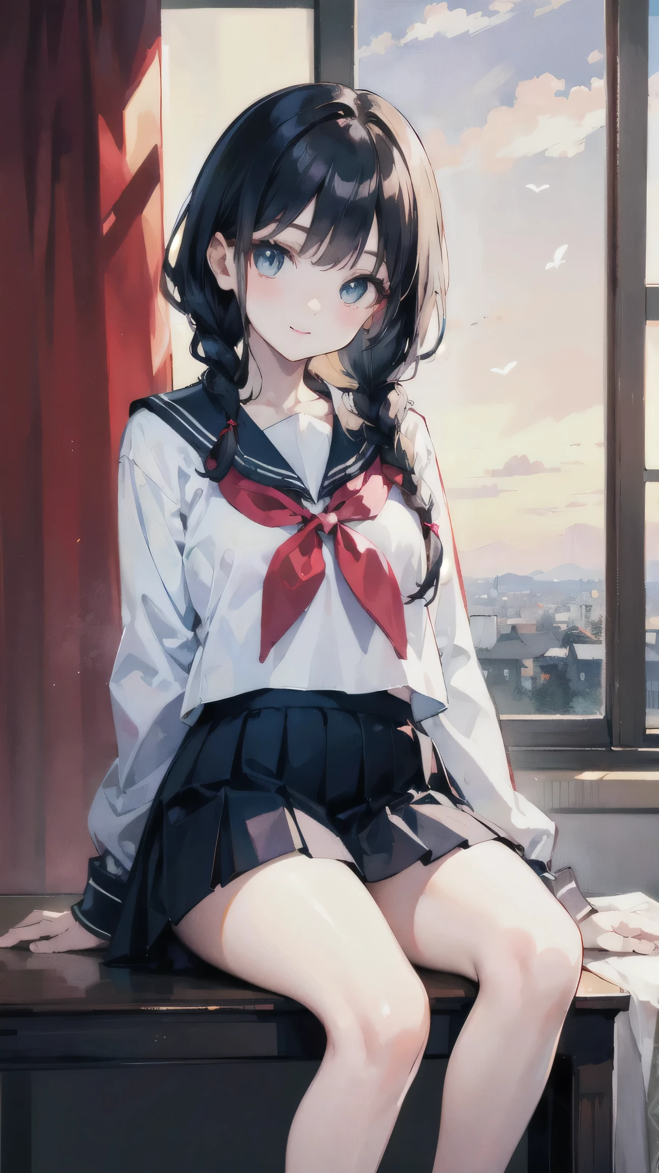 (Film portrait photography,portrait,Exquisite two-dimensional wallpaper)(exquisite eyes, natural skin texture, details on face)(Soft professional lighting,private photos,35mm film, hazy beauty)(15 year old cute loli sideways:1.6,clavicle:1.4,Wearing a sailor suit JK skirt revealing underwear,Beautiful waist-to-hip ratio:1.6,White and long legs:1.3,plump figure:1.5,Smile,Little red lips:1.4,wearing a bow:1.4,cute feet:1.3,French bangs:1.4,braid:1.6)(A girly Japanese pink room:1.4,Birds flying in blue sky and white clouds:1.5,table,Sitting posture with legs on the ground,The picture is very neat :1.5)
