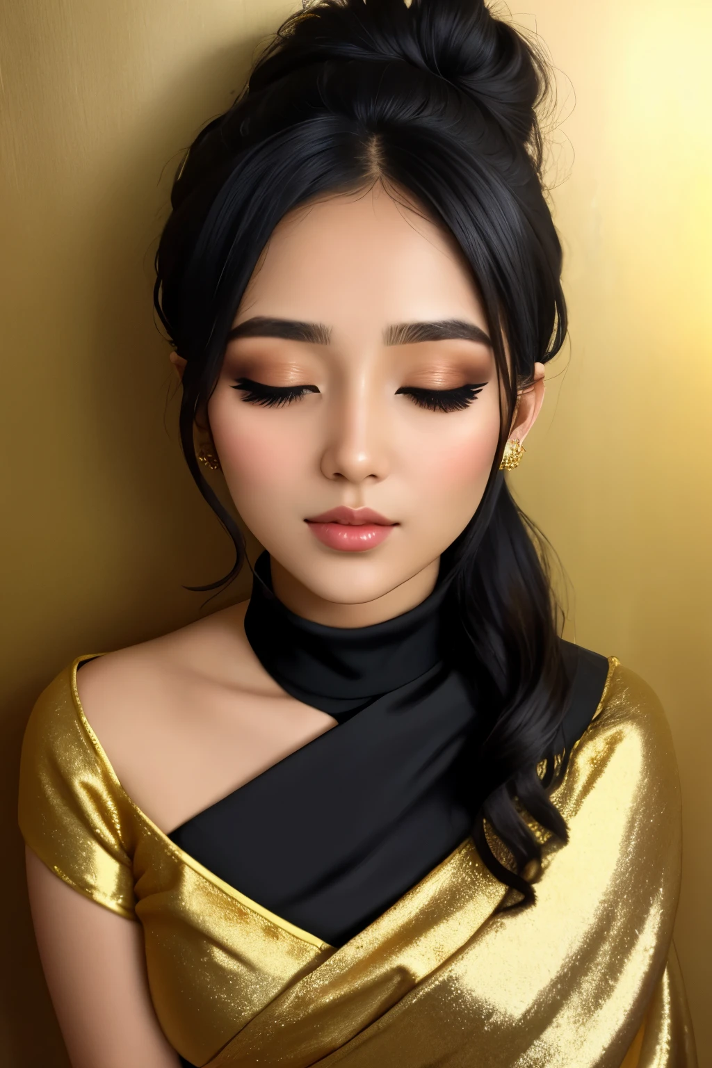 Sexy woman, black hair tied in a bun, smokey eyes, eyeliner, blushing intensely, fairest skin, plump face, soft lips, gold blouse, white saree with gold borders, pinned against a wall