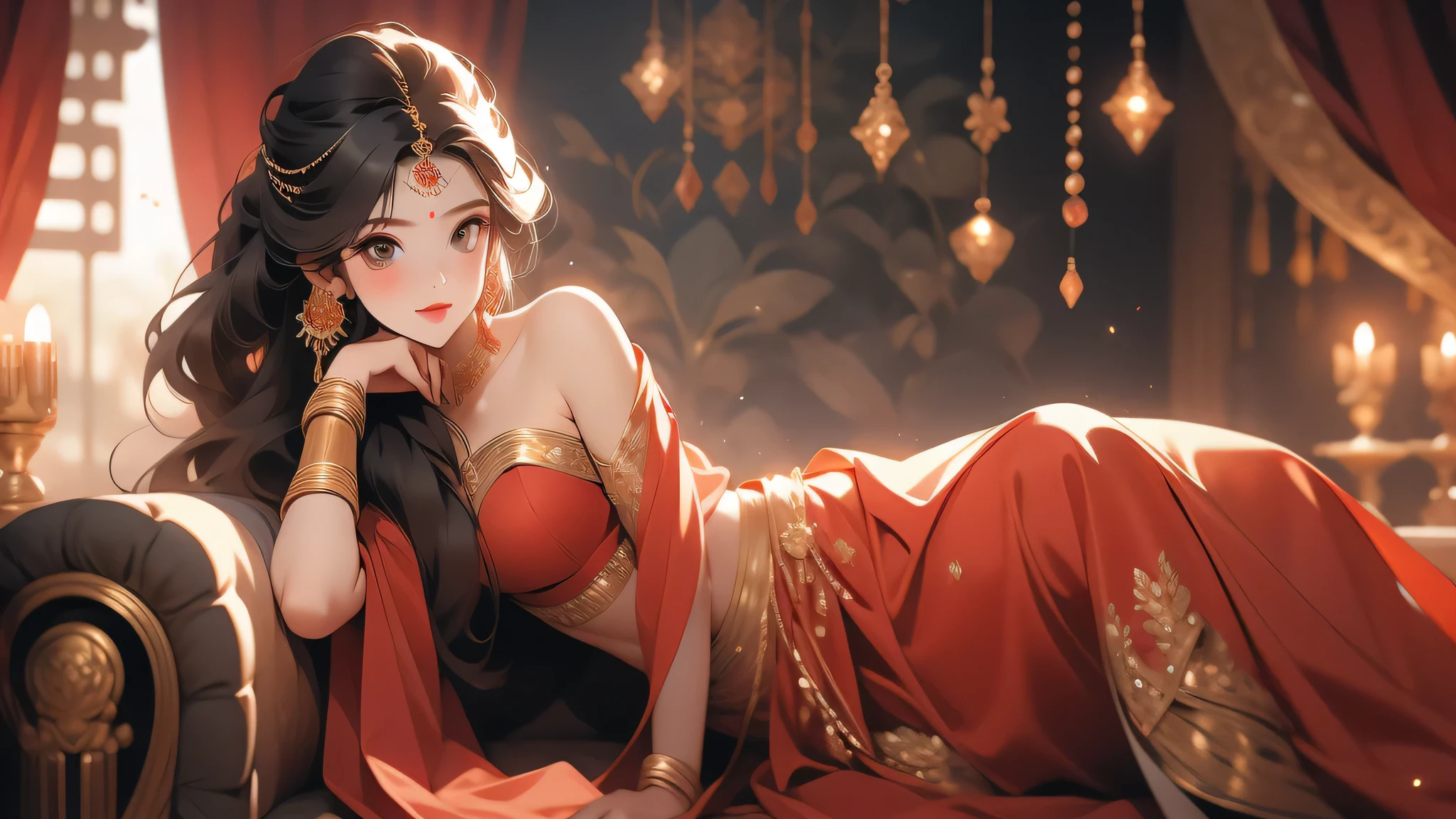 A beautiful Indian bride in a red saree, adorned in gold jewelries, sitting on a bed decorated with roses, out-zoom, full frame, ultra detailed, high resolution, 8K