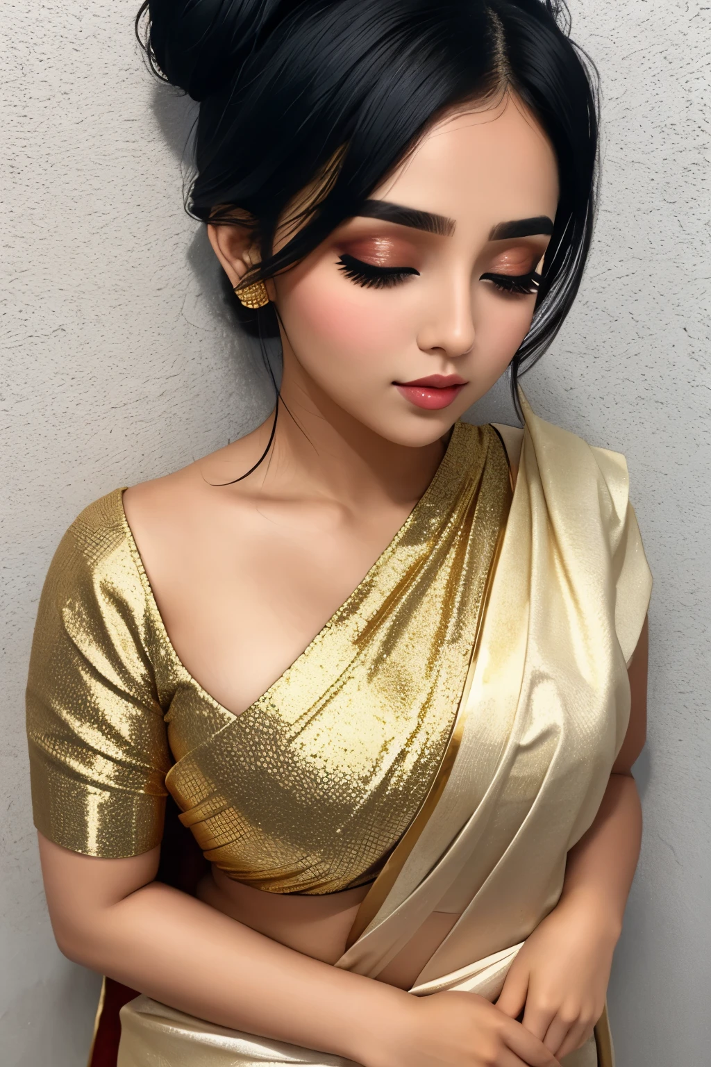 Sexy woman, black hair tied in a bun, smokey eyes, eyeliner, blushing intensely, fairest skin, plump face, soft lips, gold blouse, white saree with gold borders, pinned against a wall