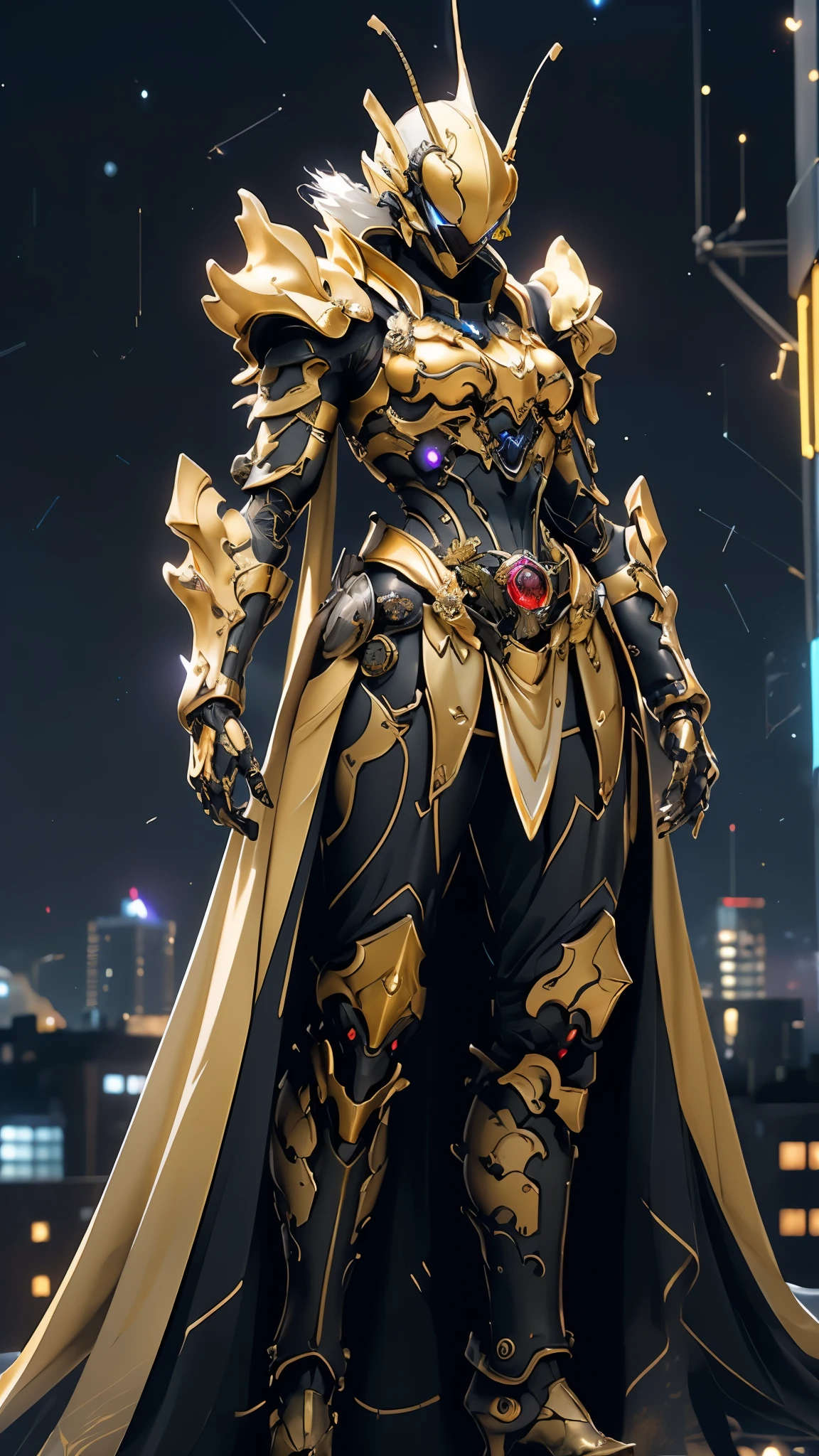 A woman adorned in fantasy-style full-body armor, a crown-concept fully enclosed helmet that unveils only her eyes, a composite layered chest plate, fully encompassing shoulder and hand guards, a lightweight waist armor, form-fitting shin guards, the overall design is heavy-duty yet flexible, ((the armor gleams with a golden glow, complemented by red and blue accents)), exhibiting a noble aura, she floats above a fantasy-surreal high-tech city, this character embodies a finely crafted fantasy-surreal style armored hero in anime style, exquisite and mature manga art style, (Queen bee mixed with Spider concept Armor, photorealistic:1.2, real texture material:1.2), ((night sky, city night view, elegant, goddess, femminine:1.5)), Unreal Engine 5, metallic, high definition, best quality, highres, ultra-detailed, ultra-fine painting, extremely delicate, professional, anatomically correct, symmetrical face, extremely detailed eyes and face, high quality eyes, creativity, RAW photo, UHD, 32k, Natural light, cinematic lighting, masterpiece-anatomy-perfect, masterpiece:1.5