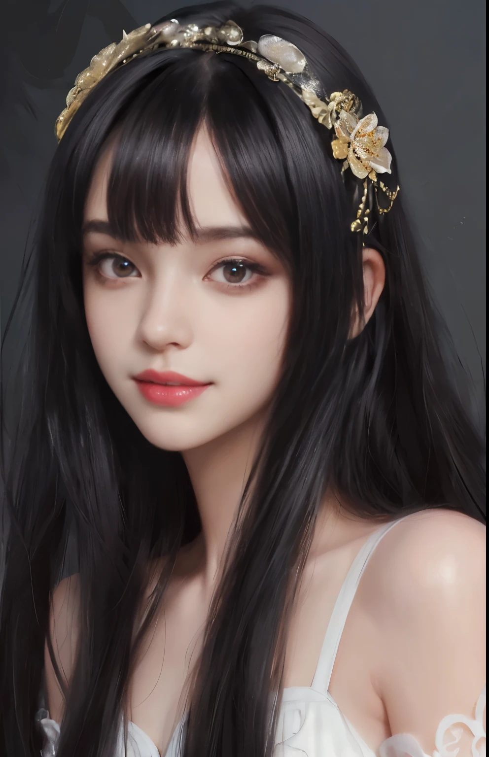 (surreal), (shape), (Improved resolution), (8k), (very detailed), (Best shape), (beautiful and detailed eyes), (highest quality), (Super detailed), (masterpiece ), ( wallpaper), (detailed face), 1 girl, , white dress, Large and loose chest, looking at the viewer, small details, detailed face, in the dark, deep shadow, private key, Pure erotic face ace_v1, smile, long hair, black straight hair , 46 point diagonal bangs