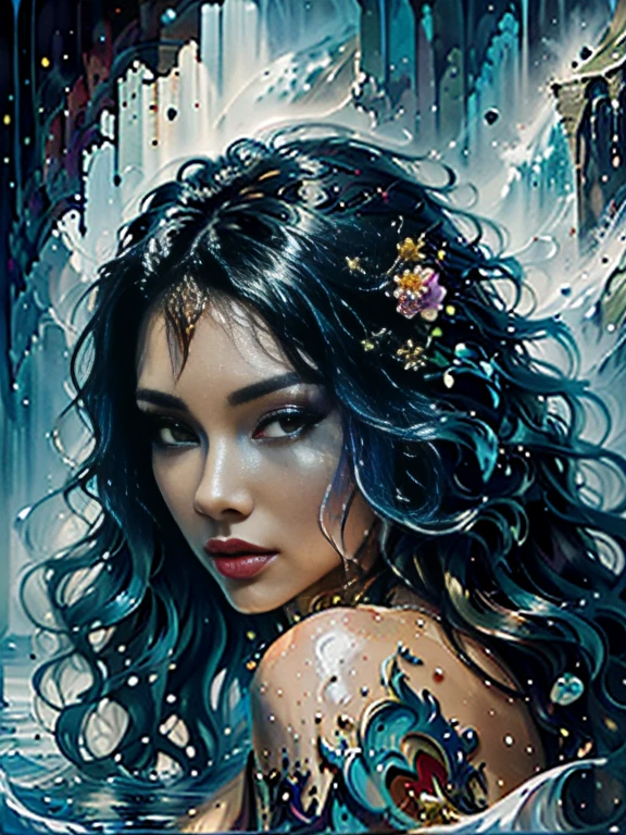 beauty with long wavy blue hair and various colored flowers floating in water, beautiful beauty, small breast, beautiful digital illustration, beautiful artwork illustration, beautiful digital artwork, beautiful gorgeous digital art, beautiful digital art, asian female water element, (splash water), gorgeous digital art, very beautiful digital art, close up fantasy with water magic, beautiful fantasy art, beautiful digital painting, beautiful digital illustration, gorgeous digital painting