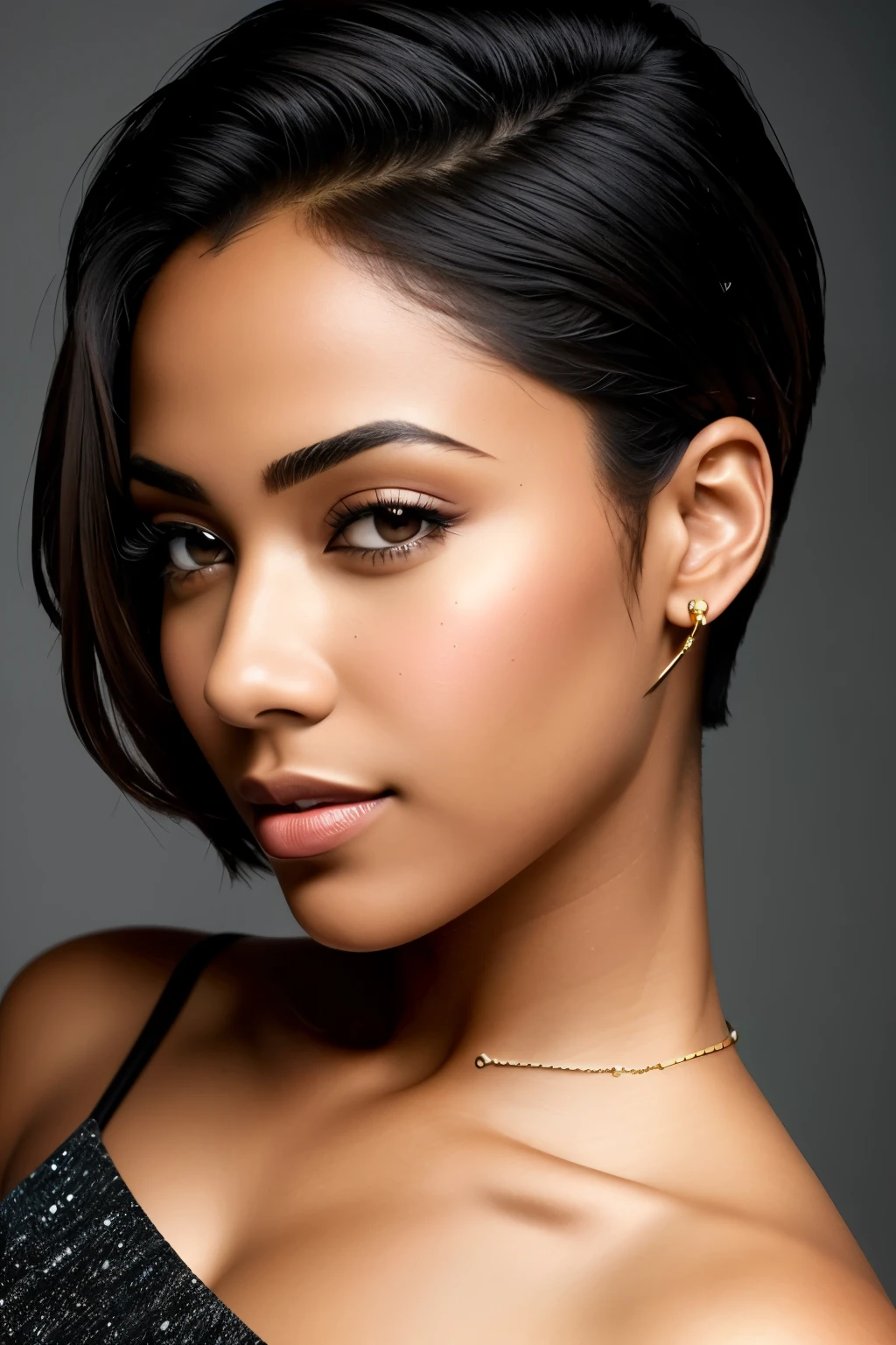 (Best quality, Ultra-detailed, Masterpiece:1.3), Photorealistic rendering of a beautiful Indian-African attorney, Short hair, Dark skin, Torso exposure, Realistic lawyer model with a very detailed body and big legs with emphasized thighs, Savvy outfit, Proportions 33-23-79, Ultra magnificent hips and thighs, No glasses, no shades, Elegant and refined appearance, Focus on facial details, Realistic skin texture, Natural facial features, Highly detailed lips and eyes, Confident and poised expression, Well-lit setting, Professional attire, Minimalistic background to emphasize the model.