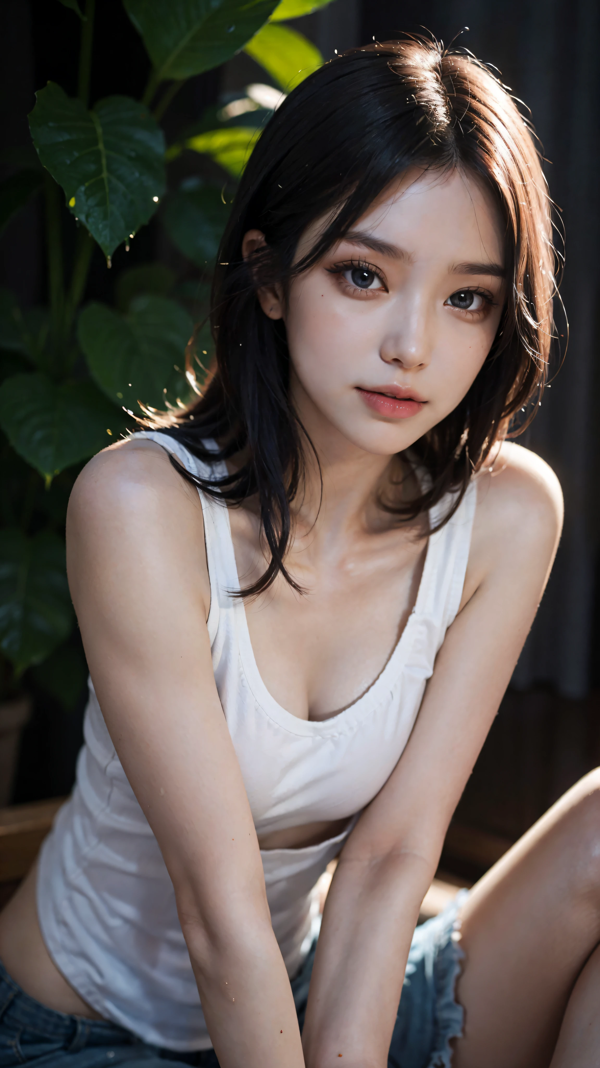 Masterpiece: 1.25, Best quality, High resolution:1.35, RAW photo:1.2, Photorealistic:1.37, Hyper-realistic, 16K, ((1girl)), Cute face, Long eyelashes, detailed eyelashes, eye shadows, glowing eyes, realistic eyes, Natural makeup, Clear facial features, Curvy build, Skinny, Slender body, Fine detailed beautiful eyes: 1.2, Happy Expression, Ulzzang, Erotic thighs, Lustrous skin, Dynamic pose, Close up shot, (Halter tank top), Nipples, Small perky breast, Photon maping, Cinematic lighting, symmetry, Elegance, Splash watercolor background