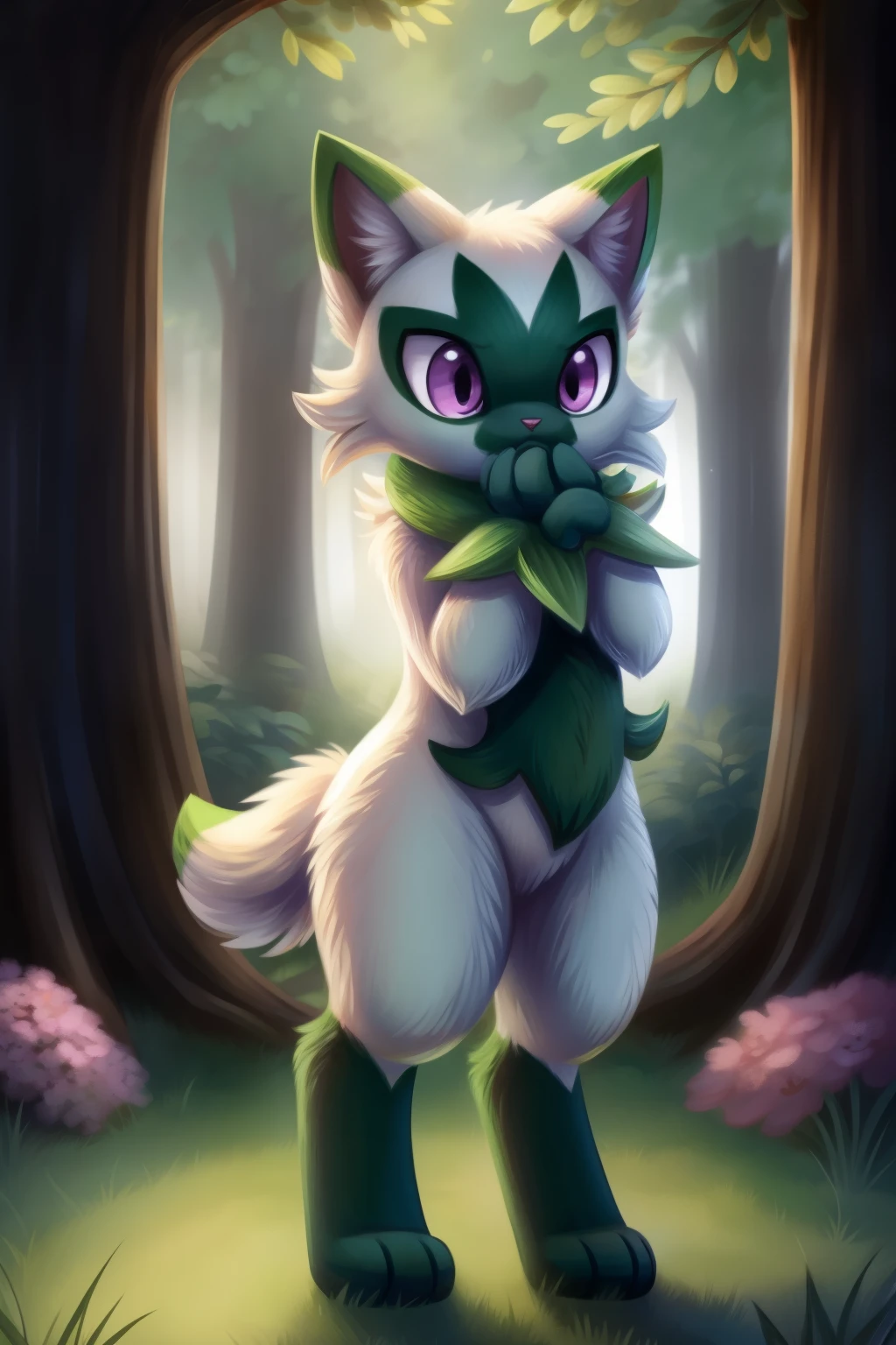 Floragato, furry pokemon, cat, feet, Only, (Body fur:1.2), (Best quality), (Detailed fluffy fur:1.1), Animal hands, tail, purple eyes, shiny, female, solo, forest background, day, standing position, worried expression, sad, raised head