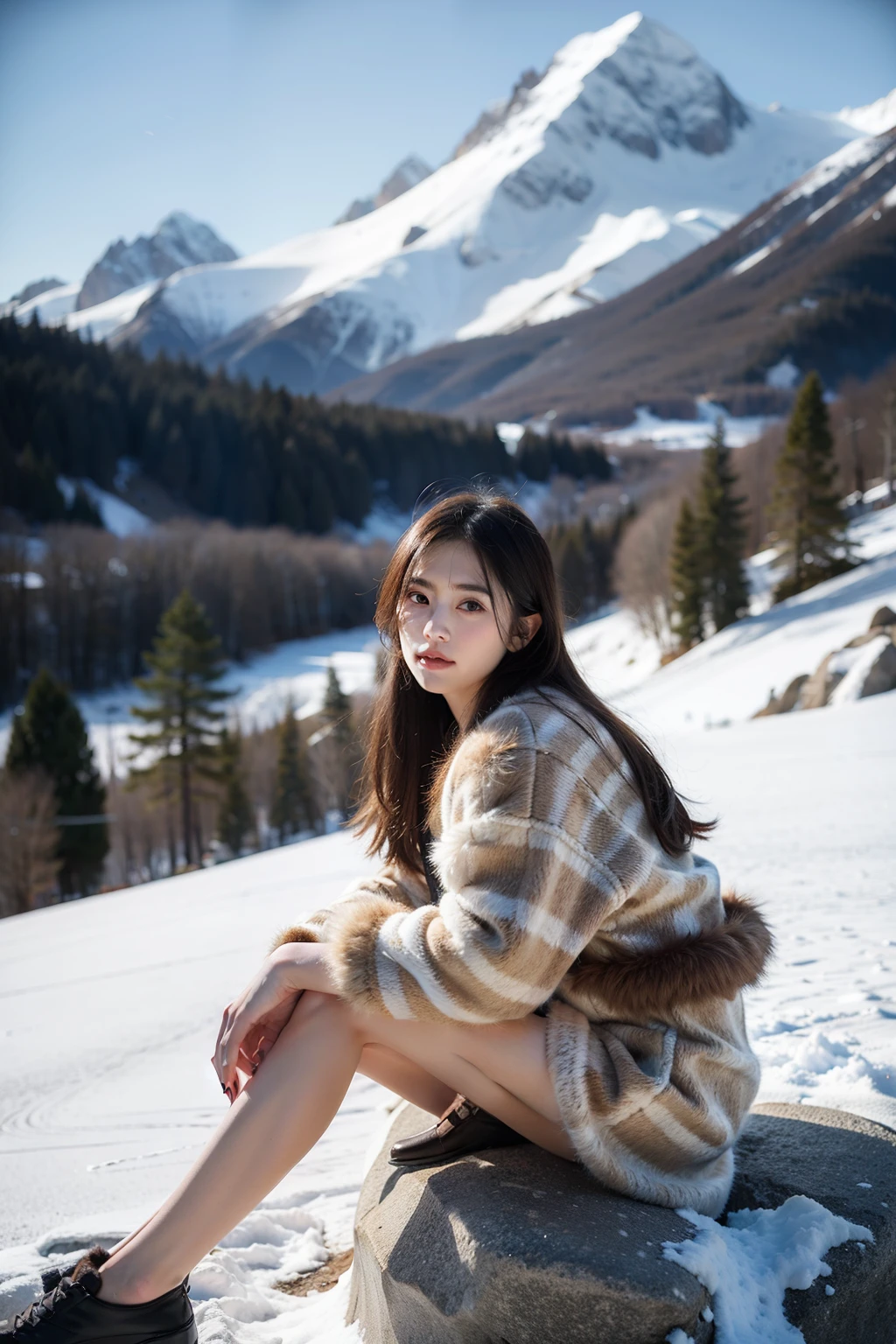 ((best quality)), ((masterpiece)), (detailed), perfect face，A beautiful woman wearing fur clothing，Sitting on a rock on a hill，Mighty image，Snowy mountains in the background，low angle photography，whole body composition，High quality work