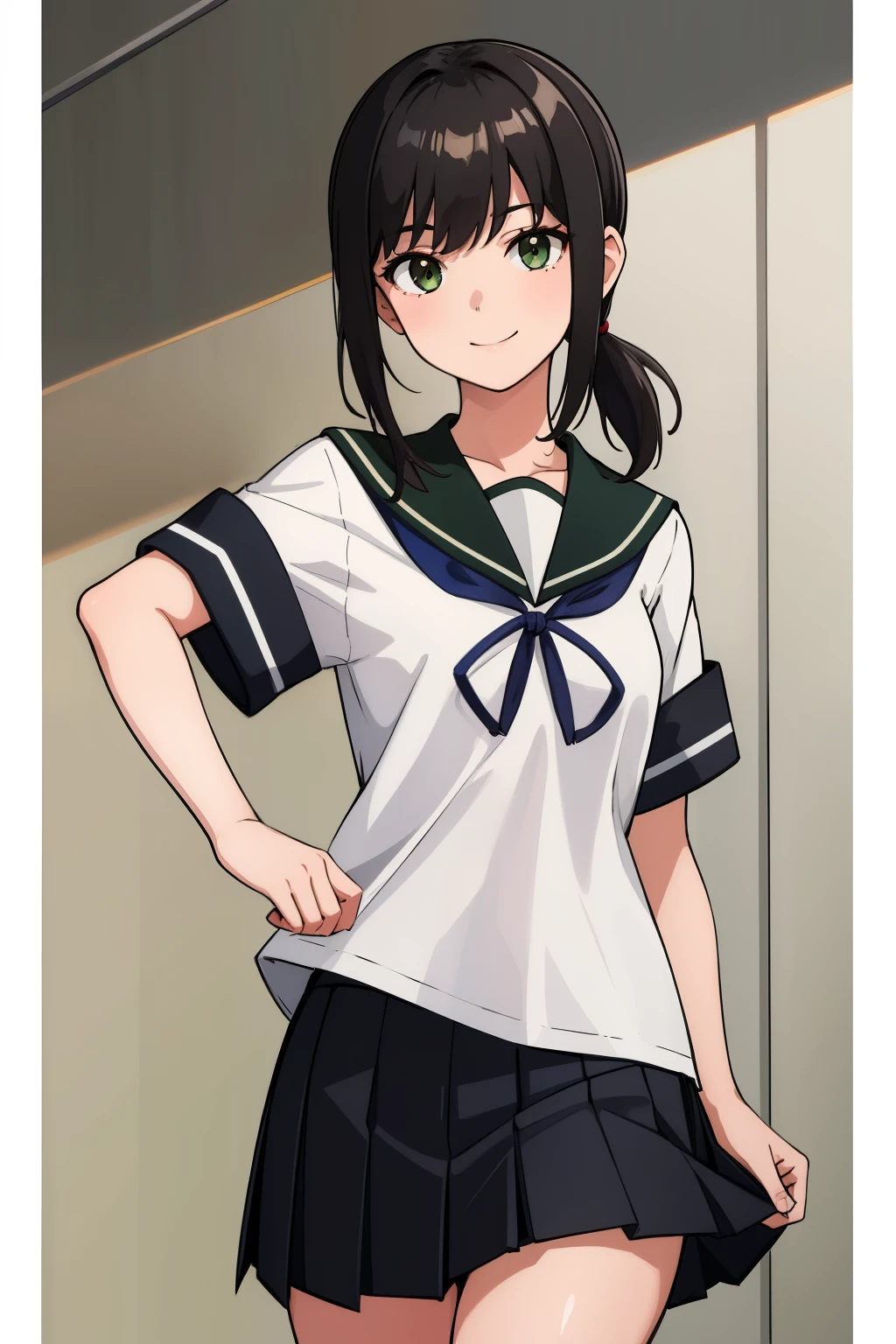 (masterpiece, highest quality:1.2),figure,8k,hd,1 girl,alone,black_hair,short_ponytail,white serafuku,side lock,low_ponytail,green_eye,smile,black_eye,School_uniform,pleats_skirt,skirt,