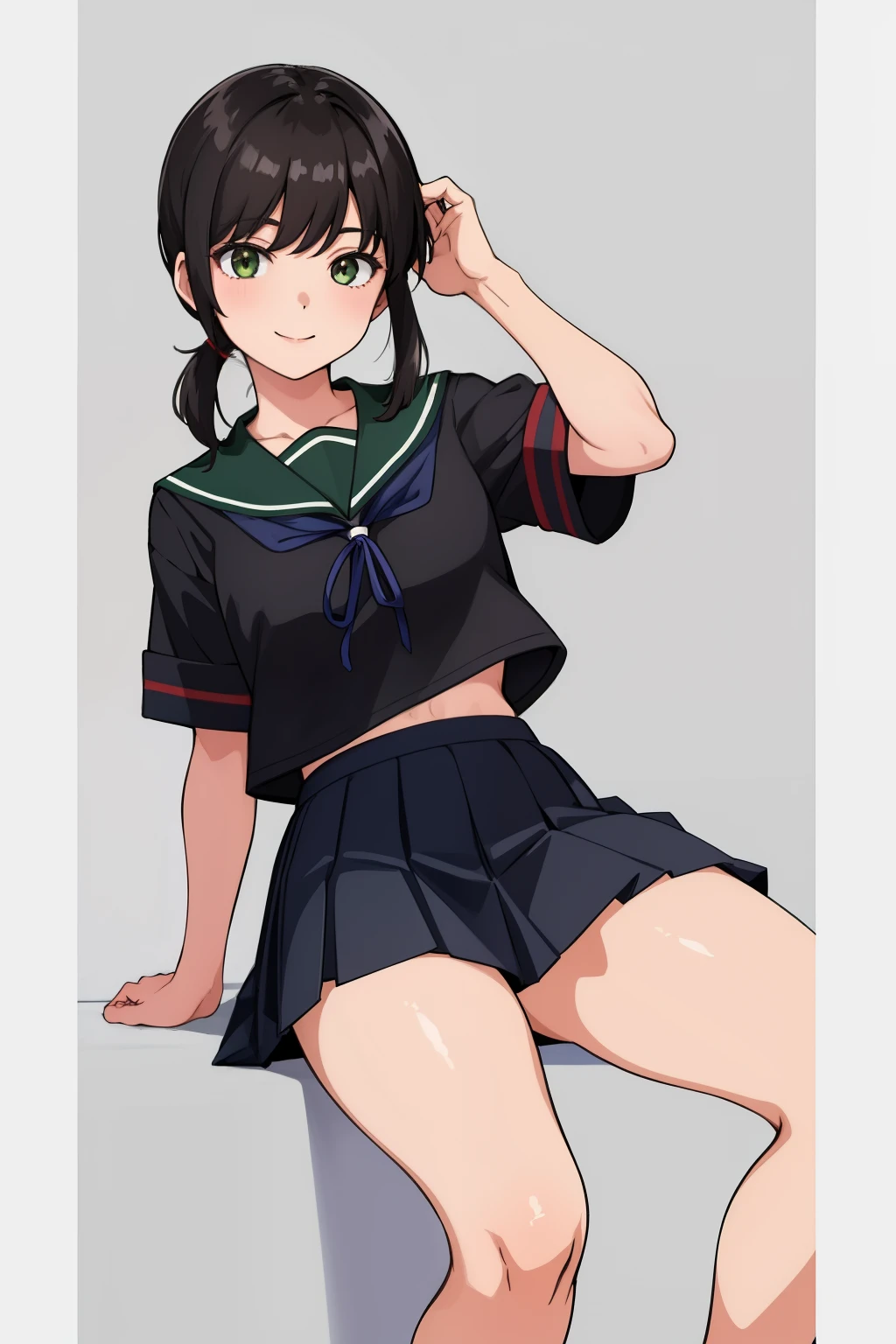 (masterpiece, highest quality:1.2),figure,8k,hd,1 girl,alone,black_hair,short_ponytail,white serafuku,side lock,low_ponytail,green_eye,smile,black_eye,School_uniform,pleats_skirt,skirt,