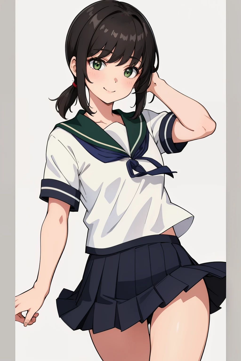 (masterpiece, highest quality:1.2),figure,8k,hd,1 girl,alone,black_hair,short_ponytail,white serafuku,side lock,low_ponytail,green_eye,smile,black_eye,School_uniform,pleats_skirt,skirt,