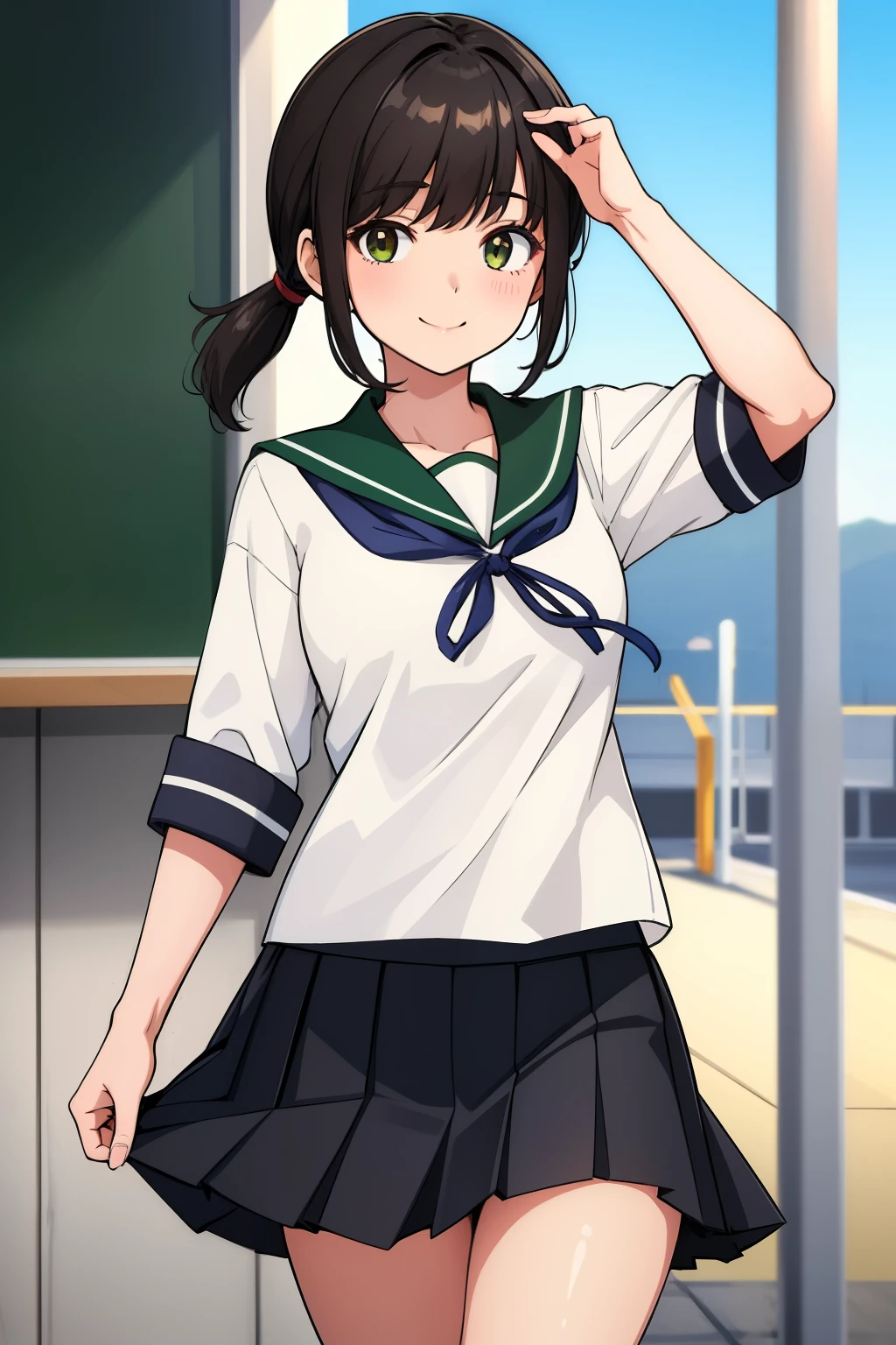 (masterpiece, highest quality:1.2),figure,8k,hd,1 girl,alone,black_hair,short_ponytail,white serafuku,side lock,low_ponytail,green_eye,smile,black_eye,School_uniform,pleats_skirt,skirt,