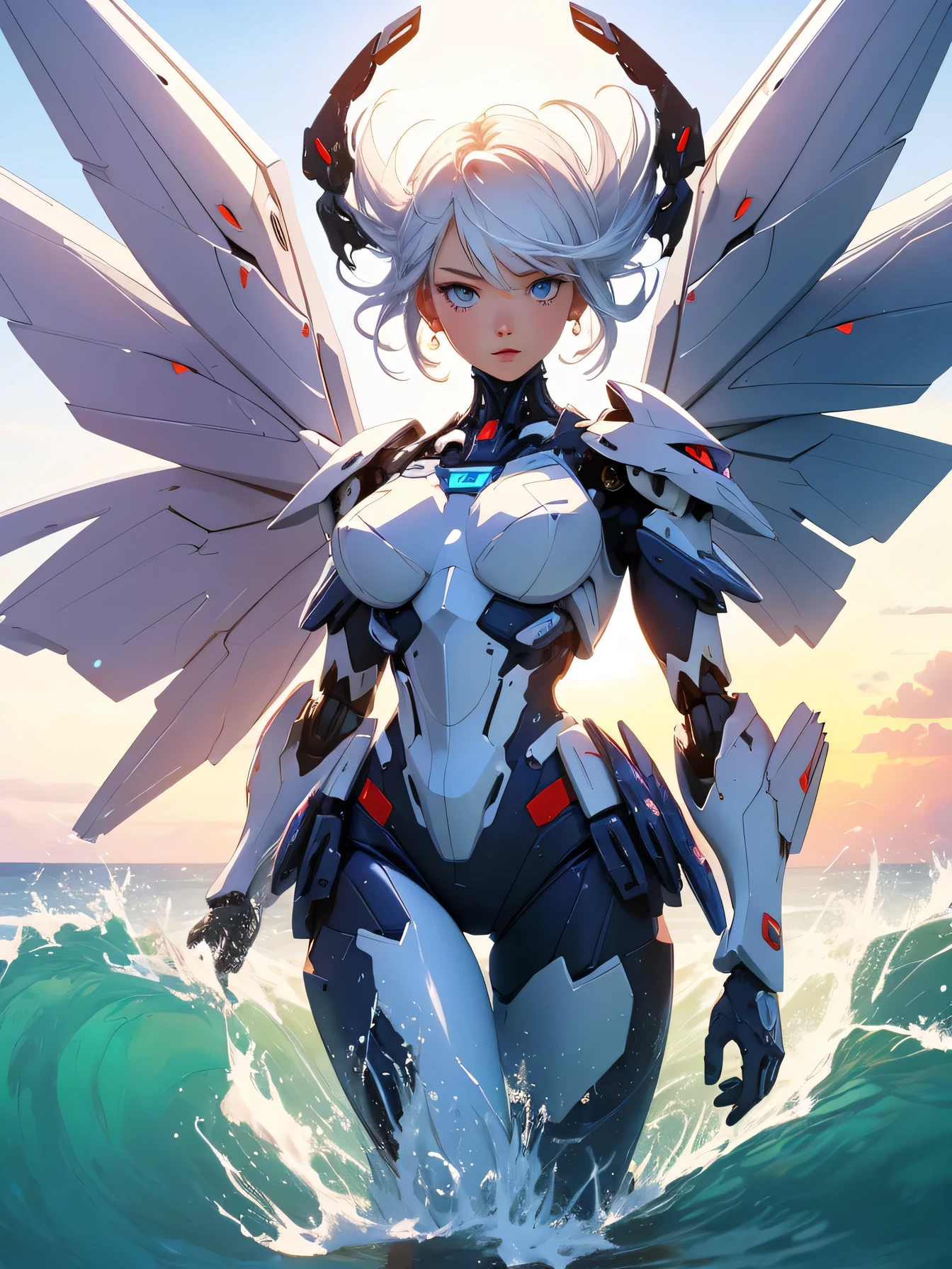 nsfw:1.1, high resolution:1.7, incredibly absurdres, kawaii:1, cute:1.5, hires.fix,anime visual:1,incredibly fine illustration,8k,masterpiece:1.2,best quality, high quality, exquisite, beautiful,insanely detailed, intricate detailed, extremely detailed, Super Definition,ultra high res, Super Resolution, best aesthetic, ultra detailed:1.5,best quality, perfect face, detailed face, masterpiece:1.2, illustration:1.2, 8k cg wallpaper, stunning art,absurdres,octane render,ultra hires, [(white background:1.5)=5], (bottle bottom:0.9), 1 elf girl, mid shot, full body, (mecha wing, mecha leg, mecha hand),((short white hair)), asymmetrical bangs, insanely detailed face and eyes, Perfect lips, butterflies, floating petal, stone fragment, beautiful detailed water, cloud, sun, dusk, sunset, beautiful detailed cloud, ocean, sea waves, water splashes, dramatic, cinematic lighting, fine expression, fine detail, fantasy art, illustration, masterpiece, digital art, drawing, in the style of Yusuke Murata.