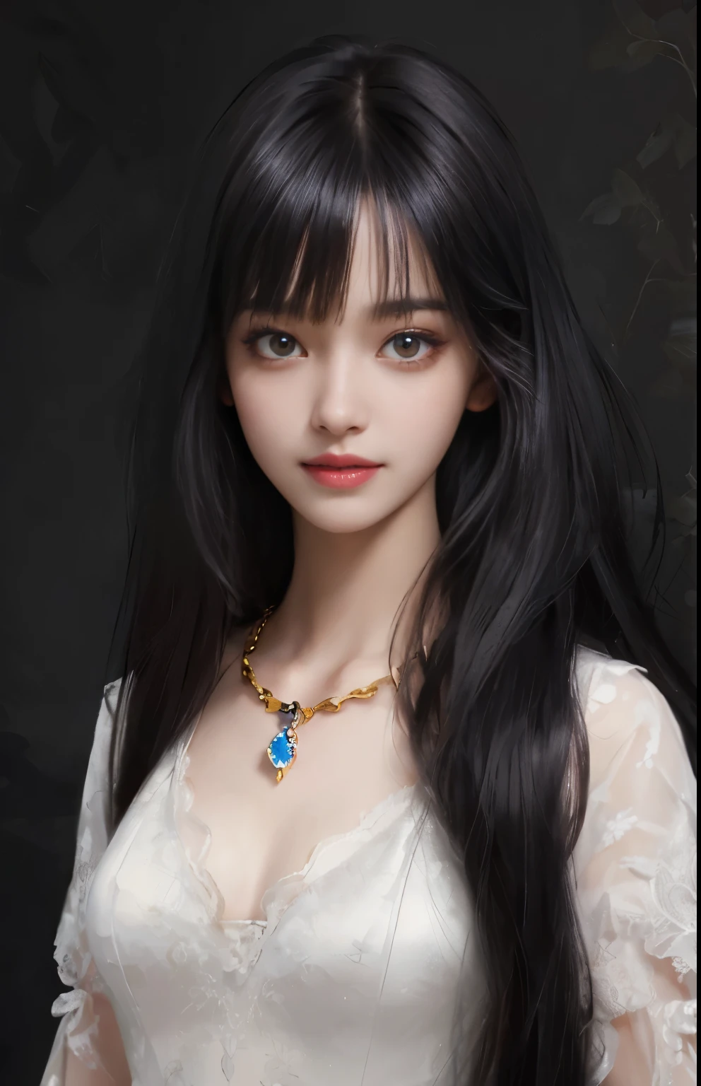 (surreal), (shape), (Improved resolution), (8k), (very detailed), (Best shape), (beautiful and detailed eyes), (highest quality), (Super detailed), (masterpiece ), ( wallpaper), (detailed face), 1 girl, 17 years old, white dress, Large and loose chest, looking at the viewer, small details, detailed face, in the dark, deep shadow, private key, Pure erotic face ace_v1, smile, long hair, black straight hair , 46 point diagonal bangs