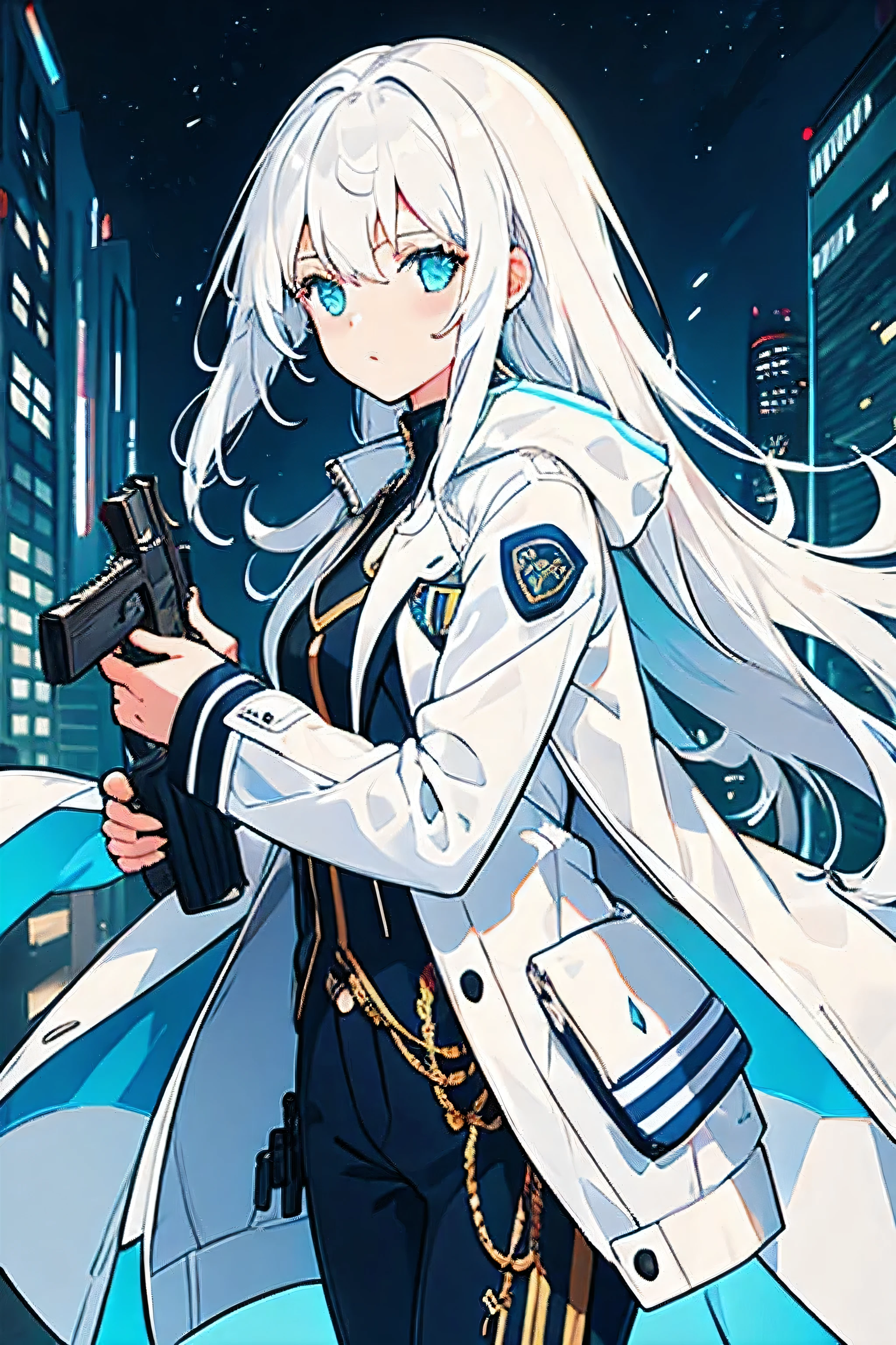 girl,white hair,holding a pistol,white jacket,blue stripe on jacket,long hair,There is a strand of hair on the right side.,city background,nighttime,moonlight,High quality