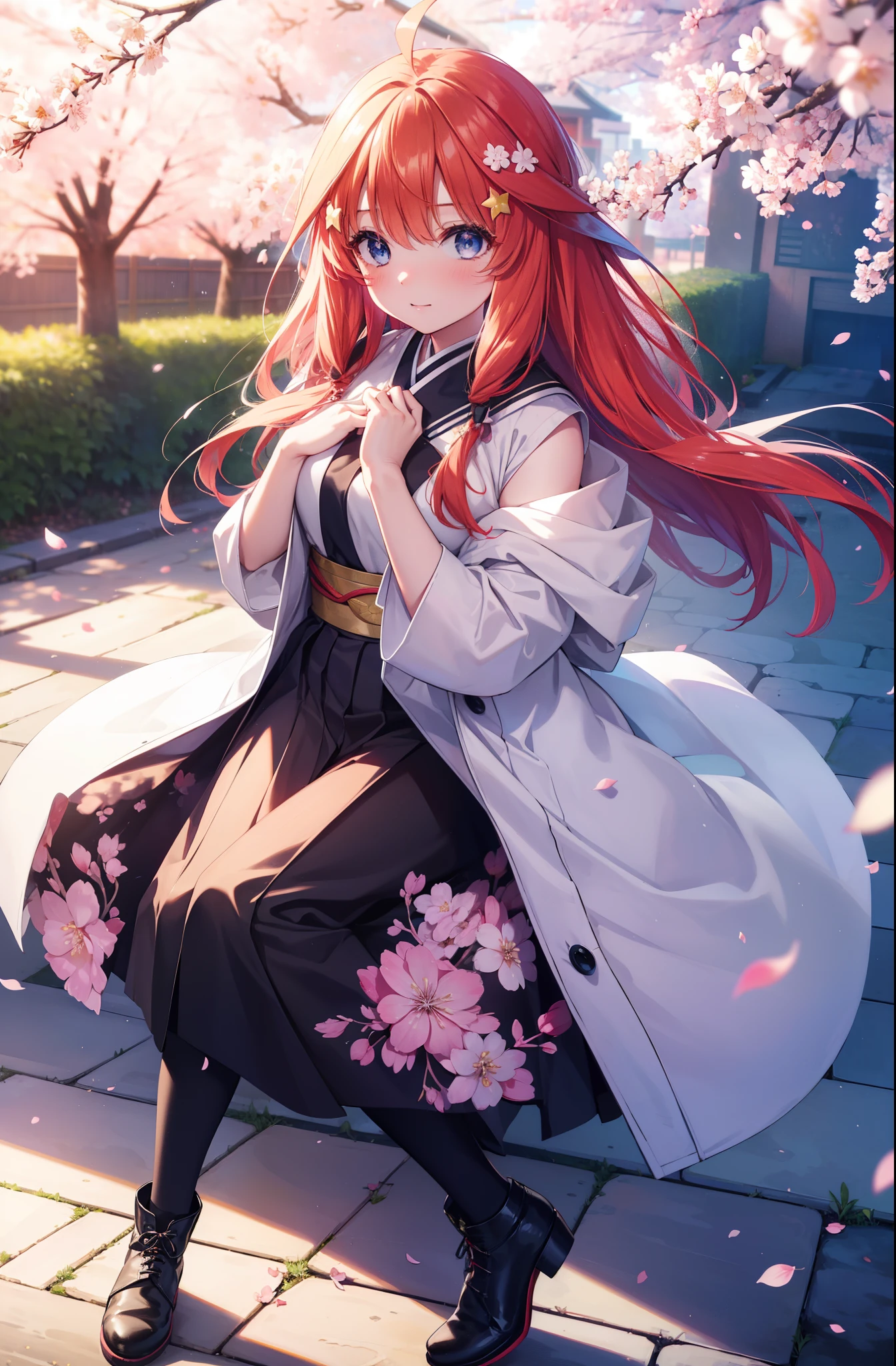 itsukinakano, Itsuki Nakano, bangs, blue eyes, hair between eyes, Ahoge,shoulder length and short braids,long hair, redhead, star \(symbol\), hair ornaments, star hair ornaments,smile,blush,white coat,black muffler,Red long skirt,short boots,cherry blossoms are blooming,Cherry blossoms are scattered,Cherry blossom tree-lined path,
break outdoors, garden,
break (masterpiece:1.2), highest quality, High resolution, unity 8k wallpaper, (figure:0.8), (detailed and beautiful eyes:1.6), highly detailed face, perfect lighting, Very detailed CG, (perfect hands, perfect anatomy),